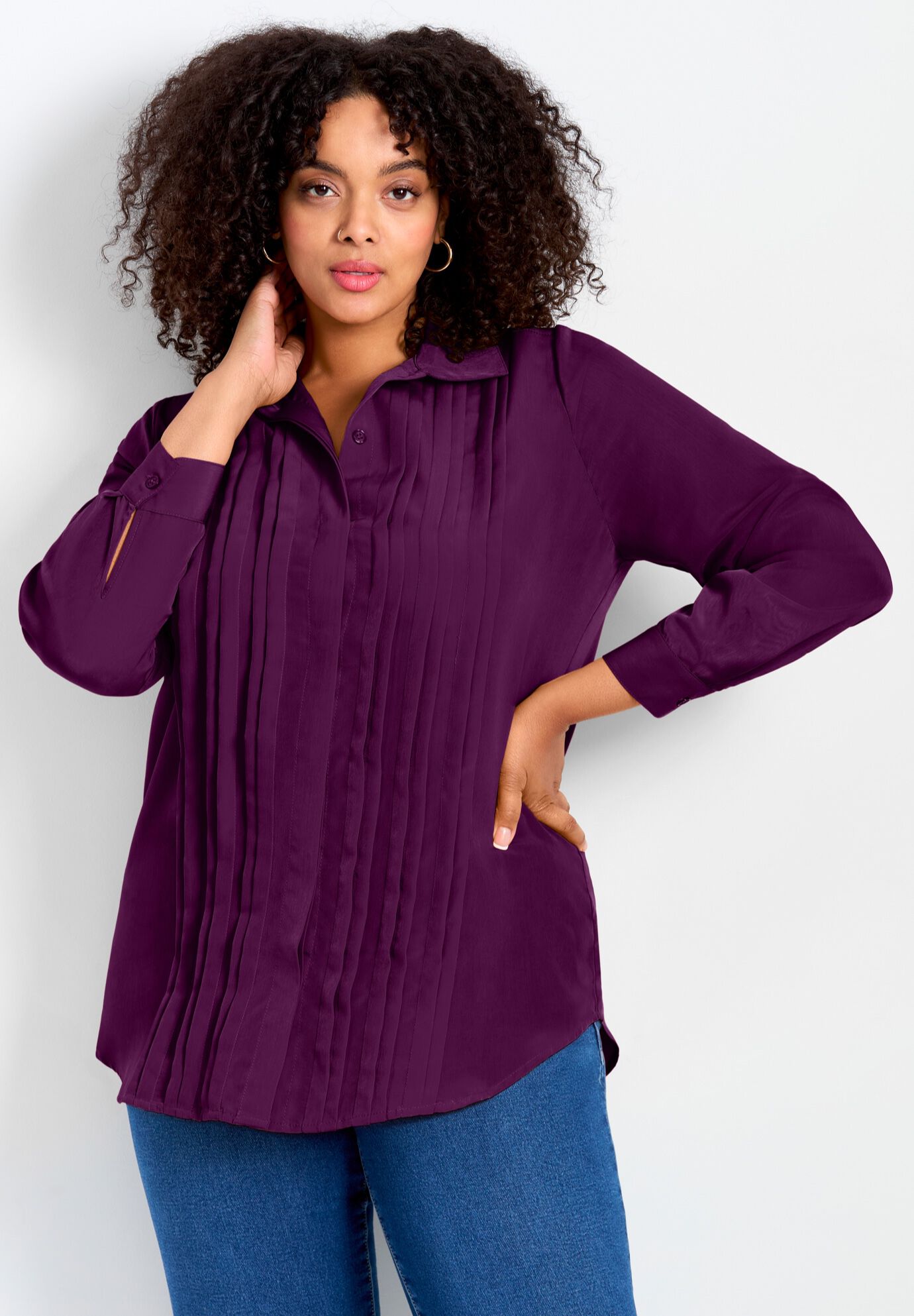 Pleated Button Down Shirt, DEEP BERRY, on-hover image number 1