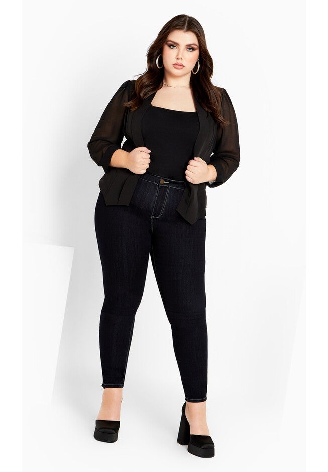 Drapey Sheer Chiffon Blazer Jacket - black, BLACK, on-hover image number 1