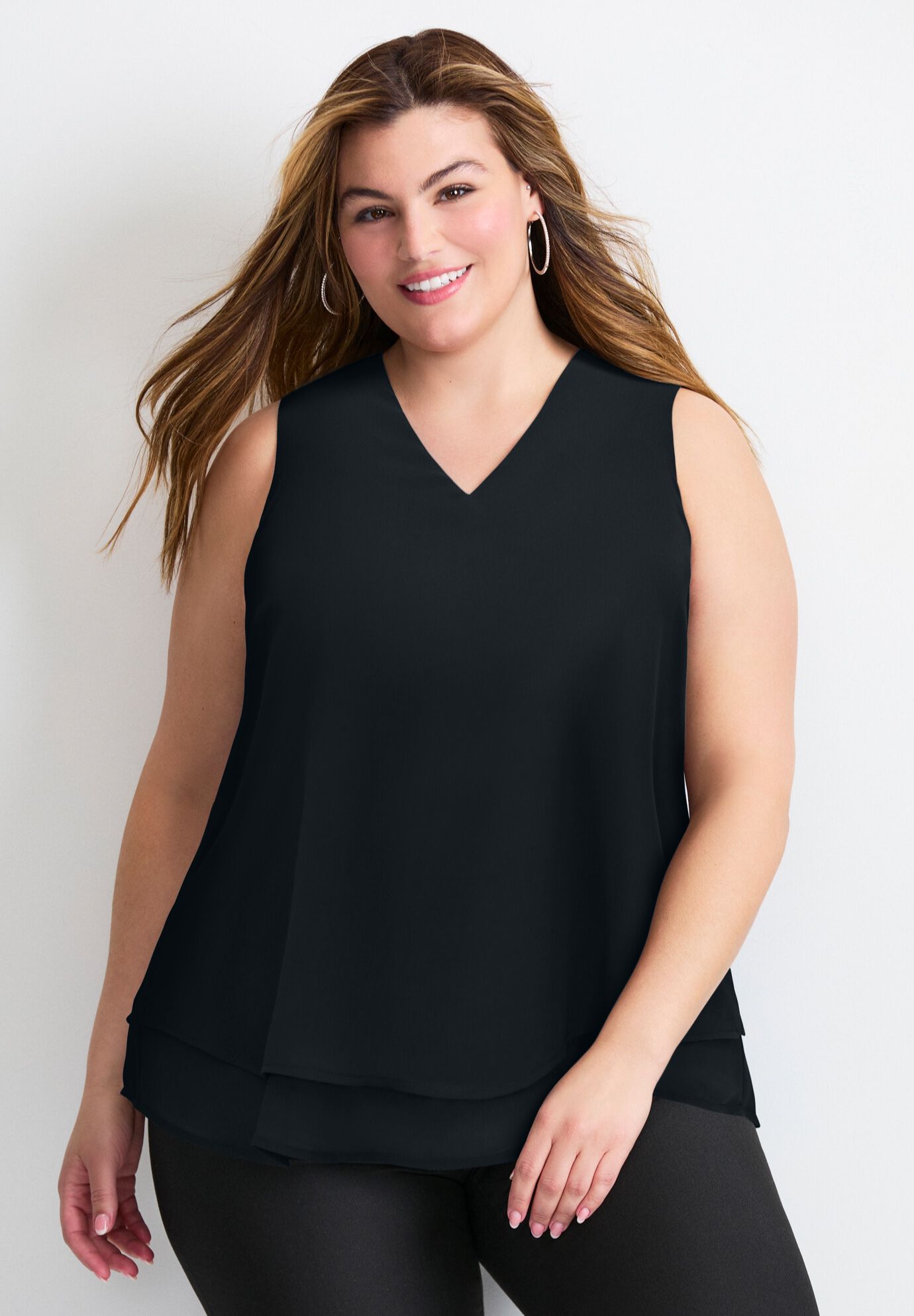Sleeveless Double Layer Swing Tank, BLACK, on-hover image number 1