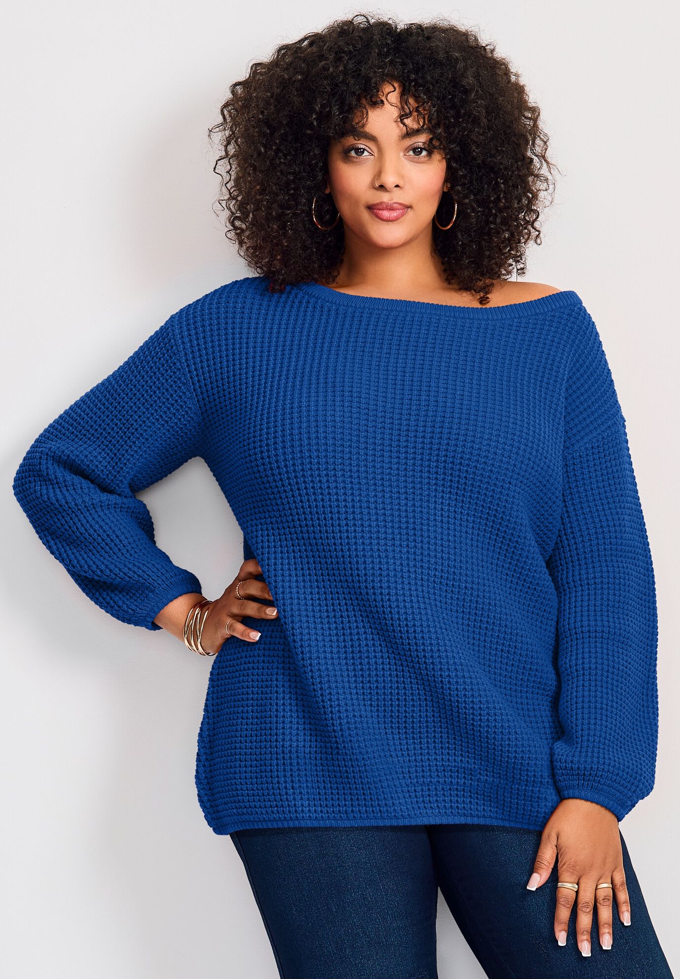Waffle Stitch Pullover Sweater, DARK SAPPHIRE, on-hover image number 1