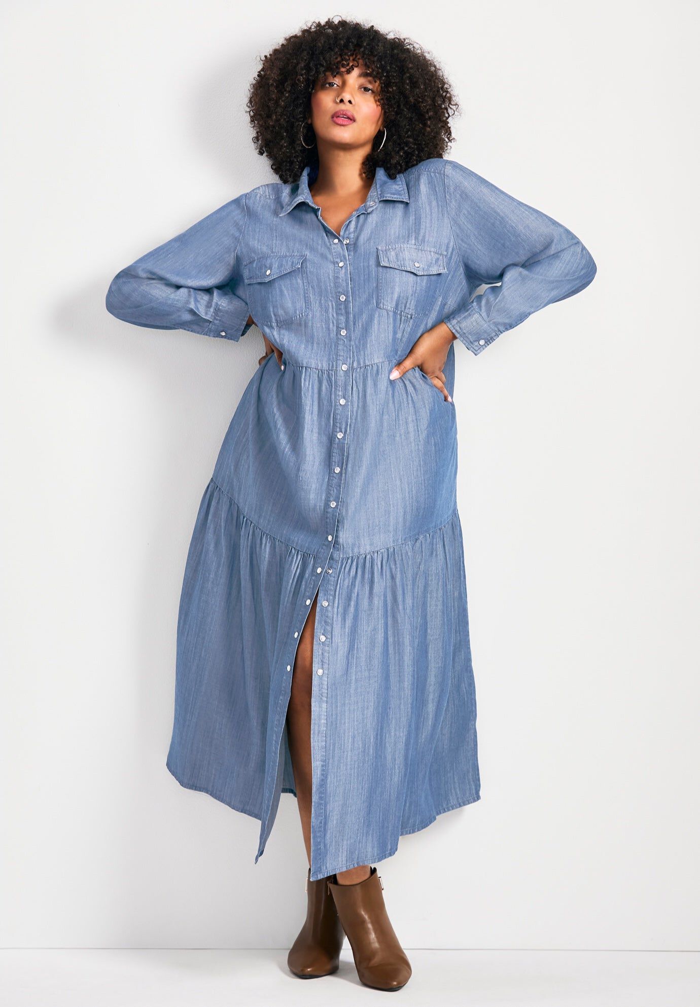 Denim Tiered Shirtdress, MID WASH, hi-res image number 0