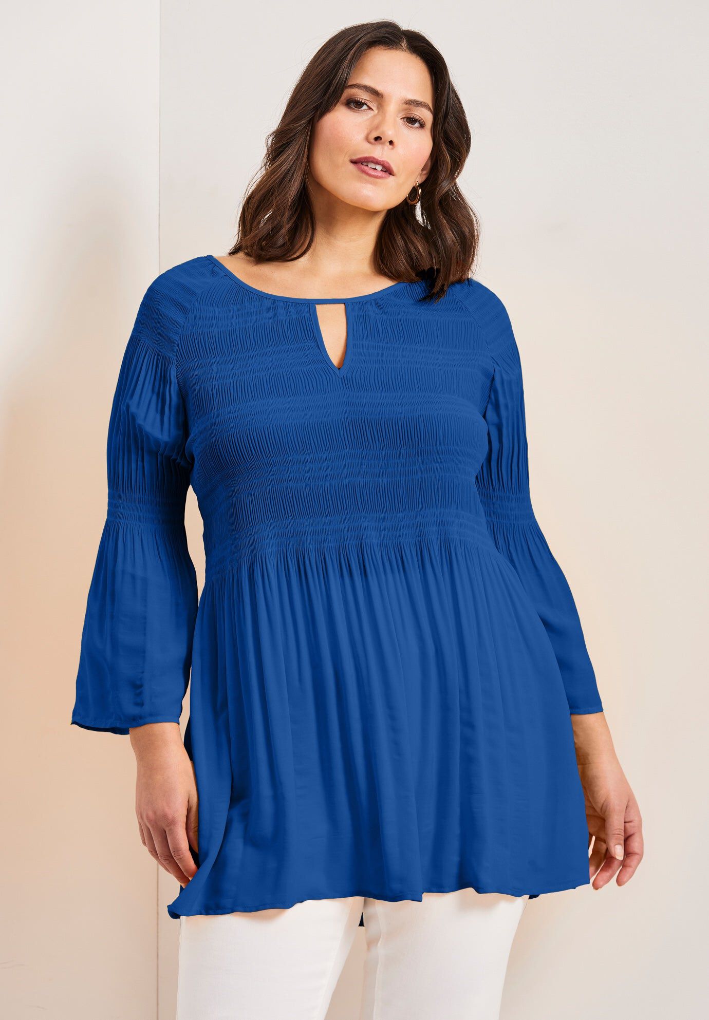 Keyhole Bell Sleeve Tunic, DARK SAPPHIRE, hi-res image number 0