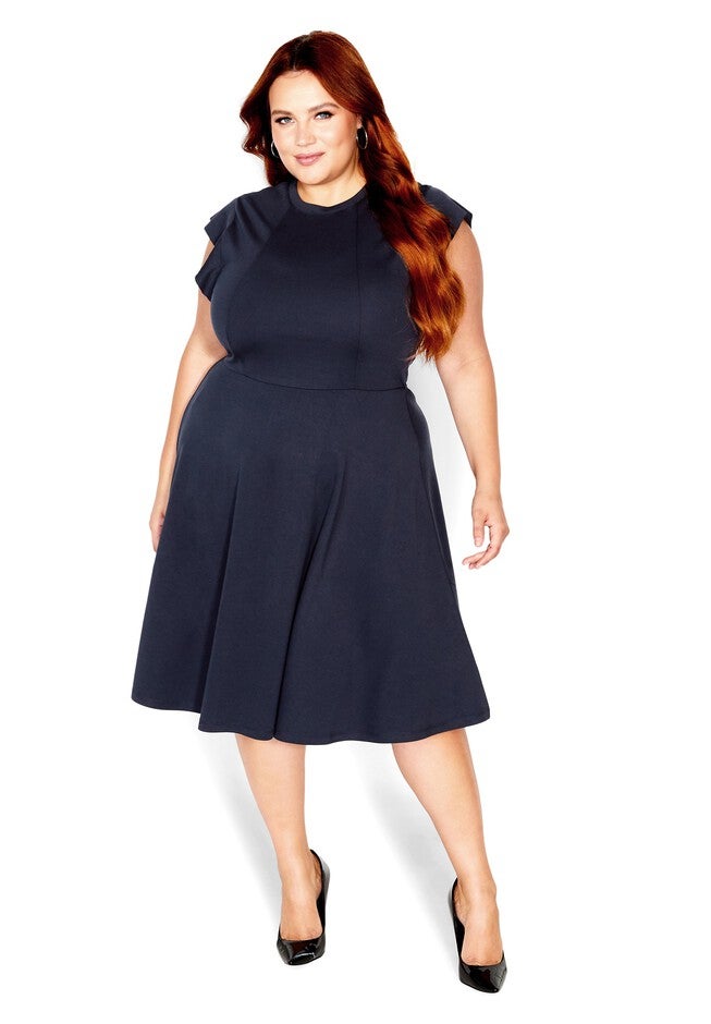 Frill Shoulder Dress - navy, BLUE, on-hover image number 1