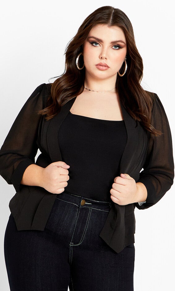 Drapey Sheer Chiffon Blazer Jacket - black, BLACK, hi-res image number 0