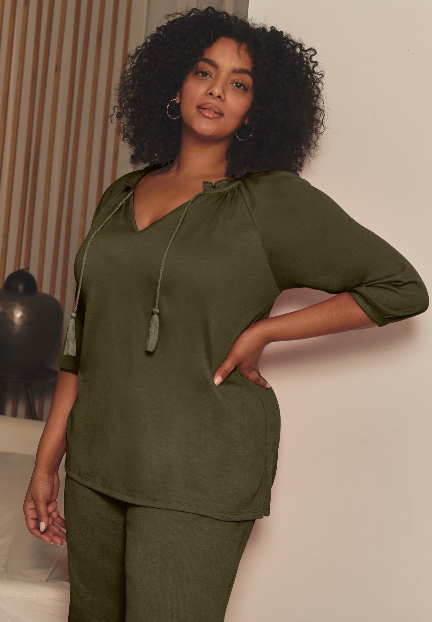 Gauze Peasant Tunic, OLIVE GREEN, hi-res image number 0