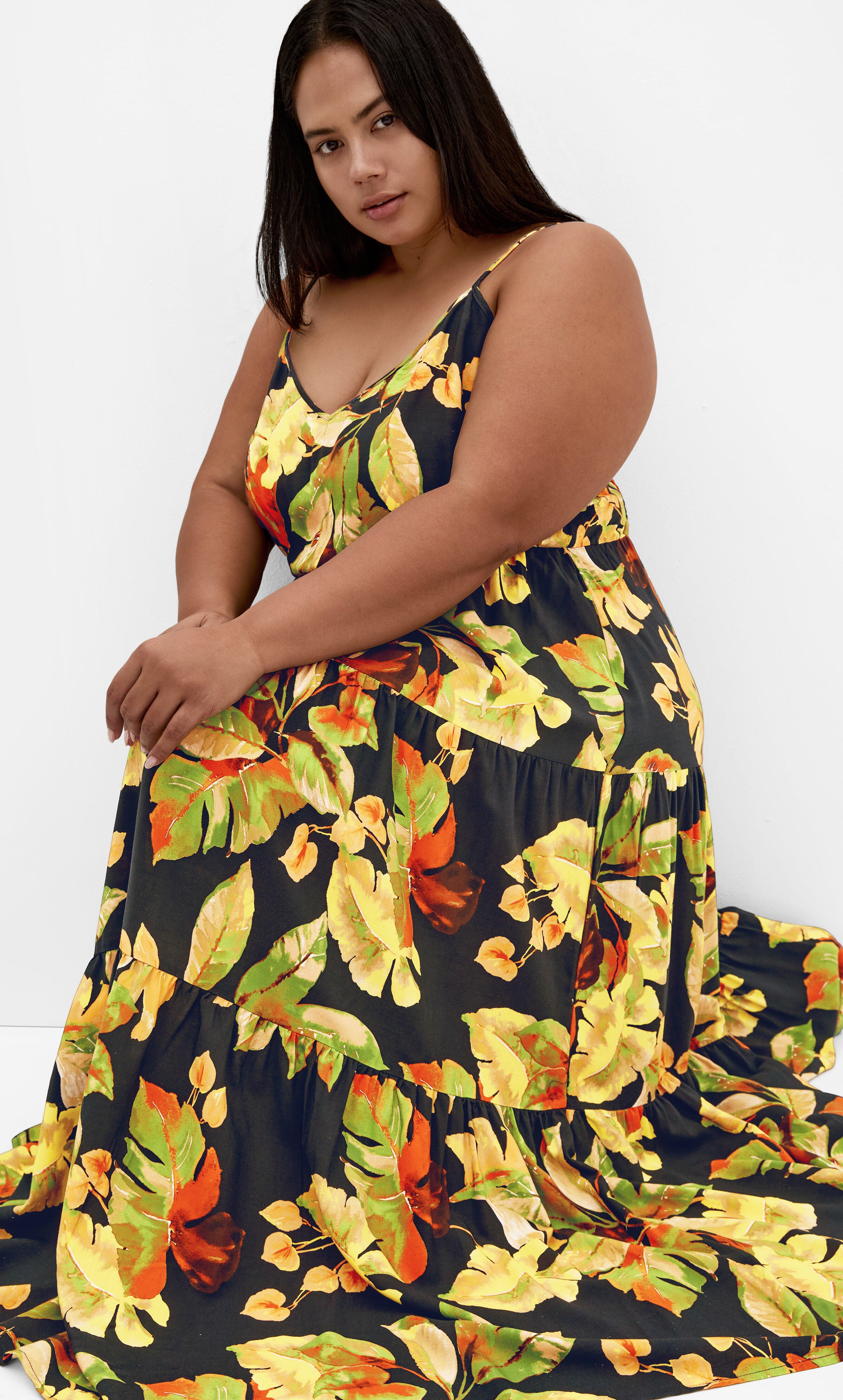 Oasis Tropical Maxi Dress - foliage leaves print, ORANGE, alternate image number 2