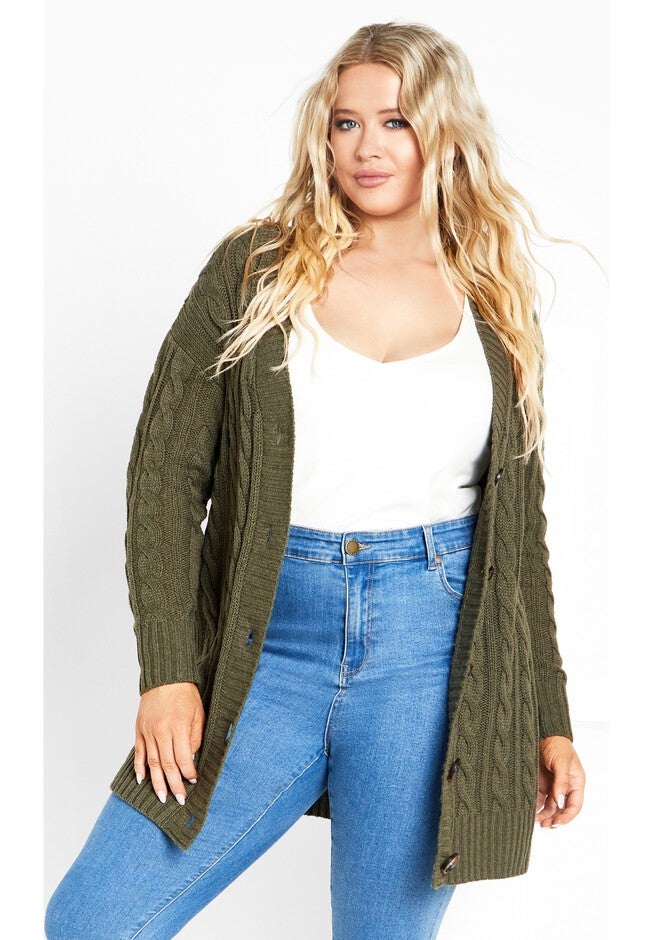 Cara Cable Knit V Neck Cardigan, OLIVE, hi-res image number null