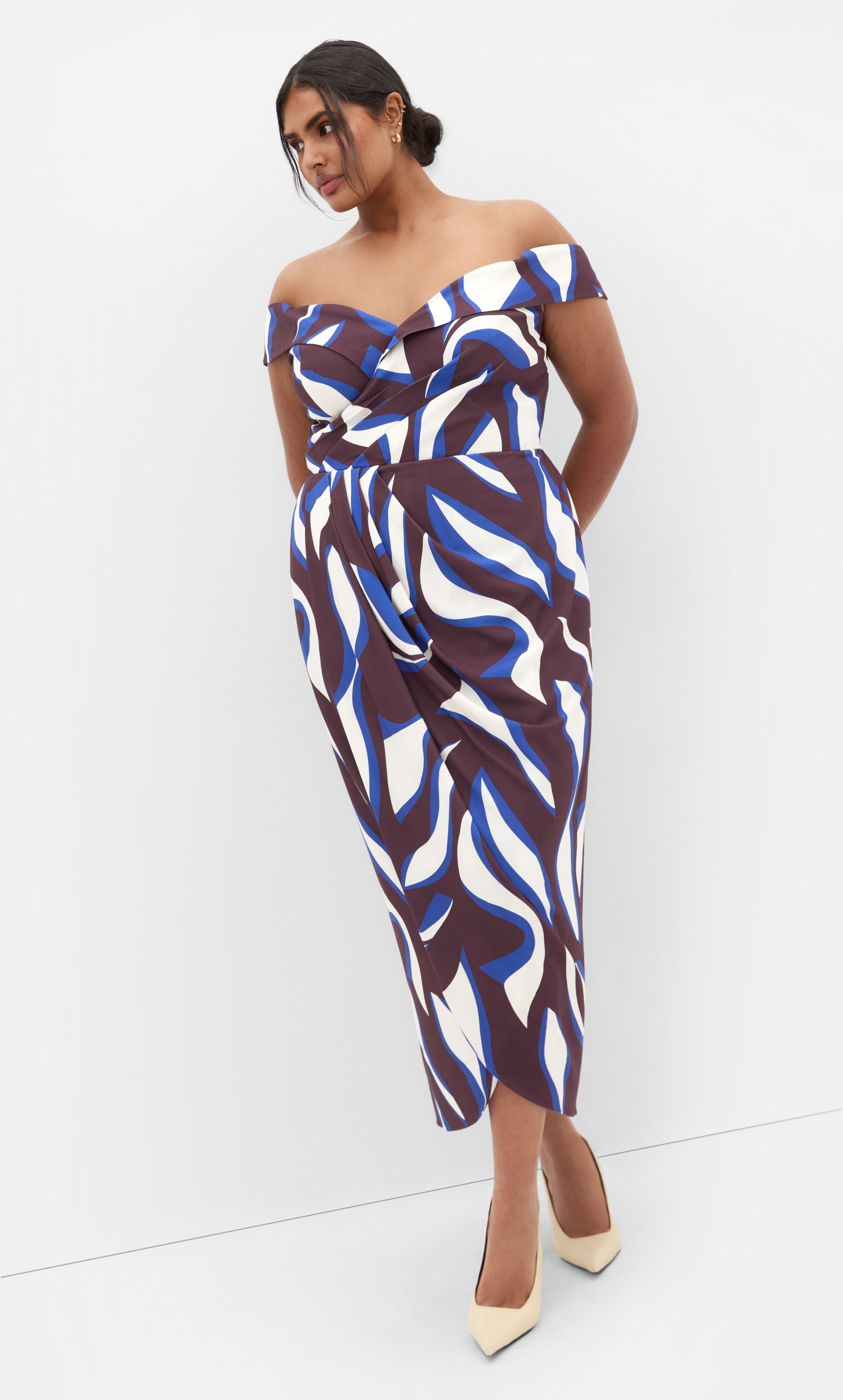 Claire Print Off Shoulder Dress - cocoa, ORANGE, alternate image number 3