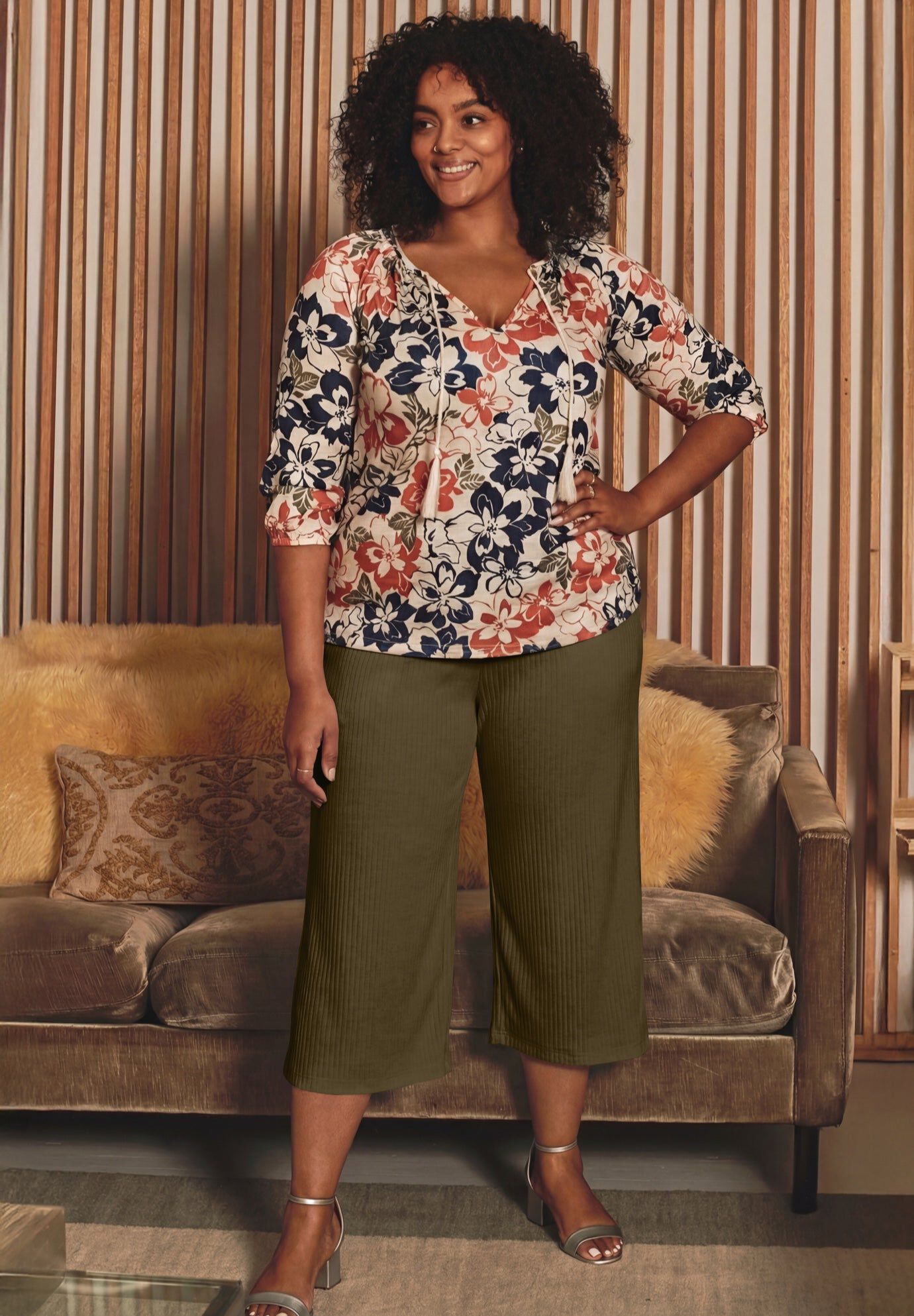 Knit Gauze Smocked Wide-Leg Crop, OLIVE GREEN, hi-res image number 0