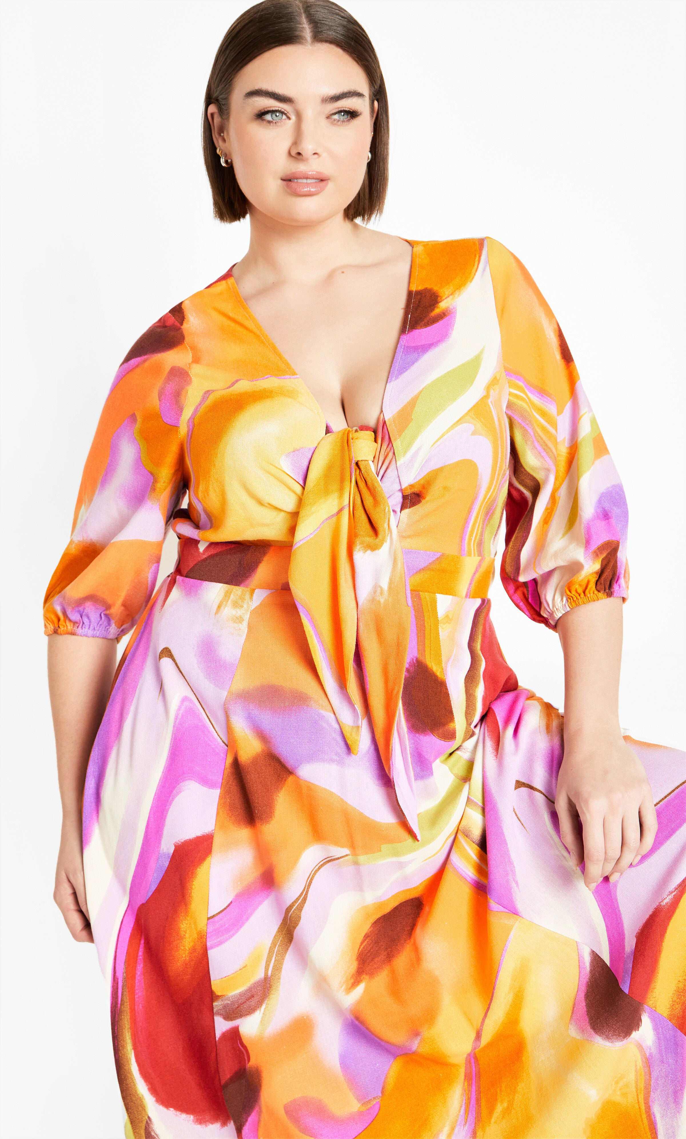 Swirl Tie Print Dress - yellow, PURPLE, hi-res image number 0
