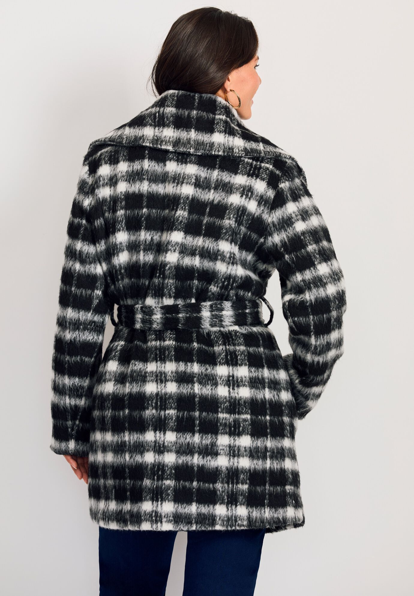 Wing Collar Belted Coat, BLACK IVORY PLAID, alternate image number 2
