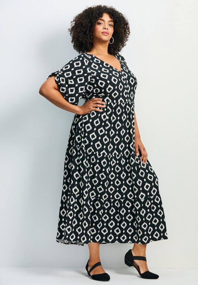 Ivy Tiered Button Front Dress, BLACK WHITE GEO, alternate image number null