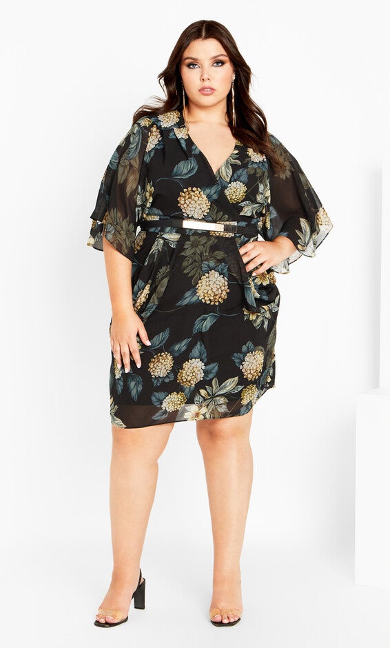 Wrap Golden Floral Dress - black, YELLOW, alternate image number null