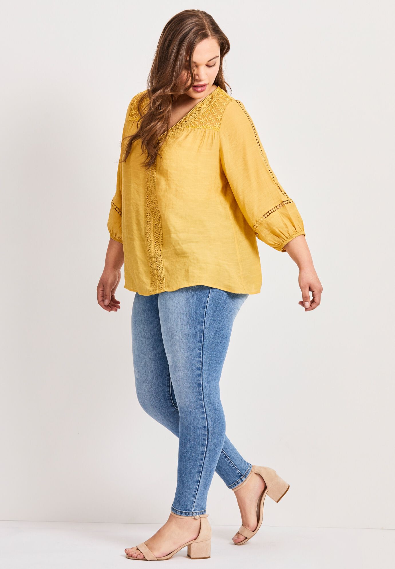 Embroidered Lace Detail Peasant Blouse, SUNFLOWER, alternate image number 3