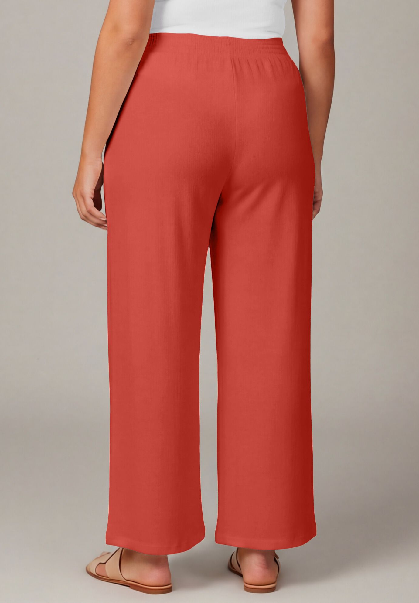 Knit Gauze Smocked Wide-Leg Pants, BURNT ORANGE, alternate image number 2