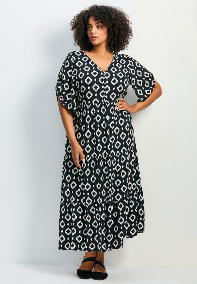 Ivy Tiered Button Front Dress, BLACK WHITE GEO, hi-res image number null