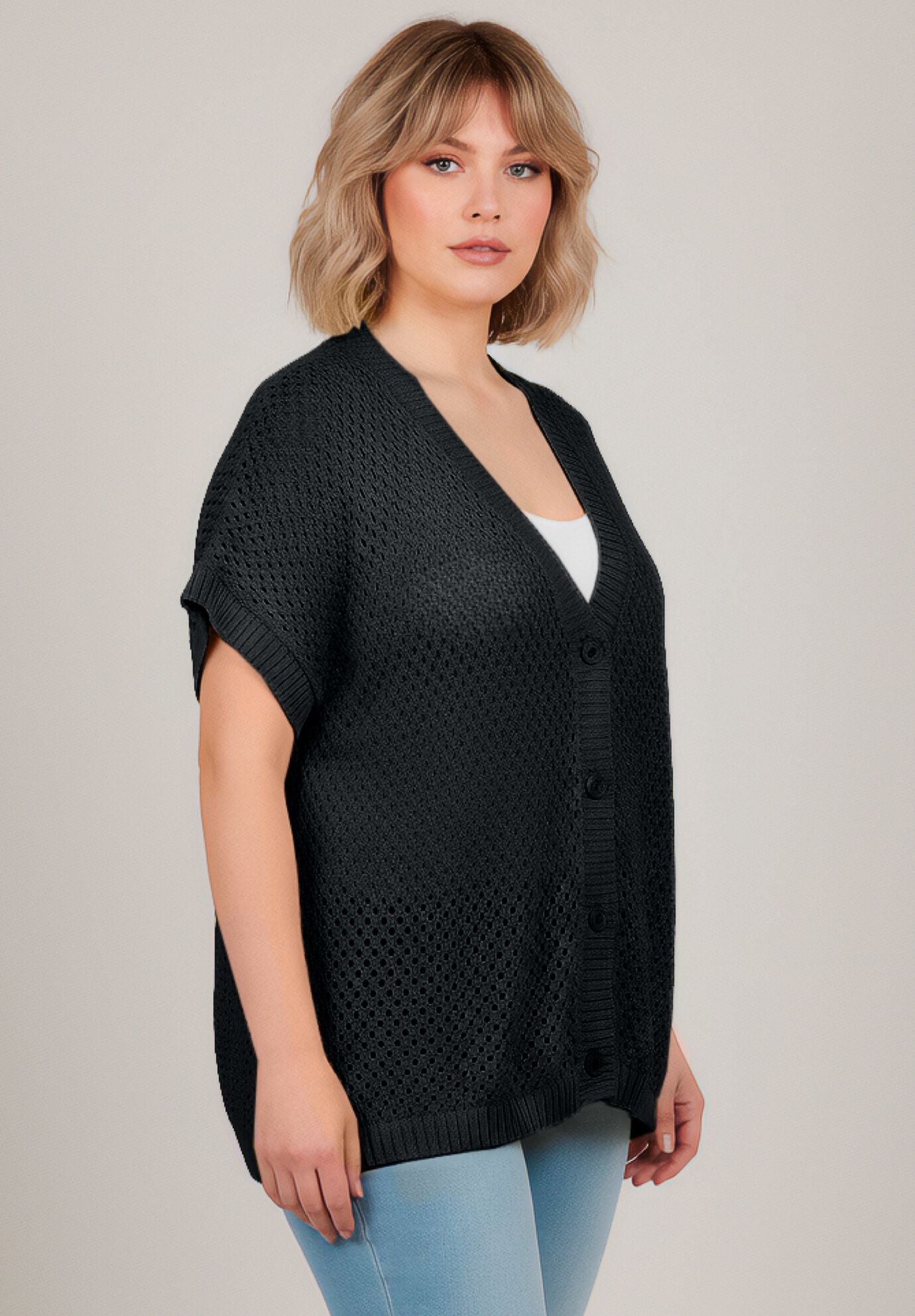 Short Sleeve Button Front Cardigan, BLACK, alternate image number 3