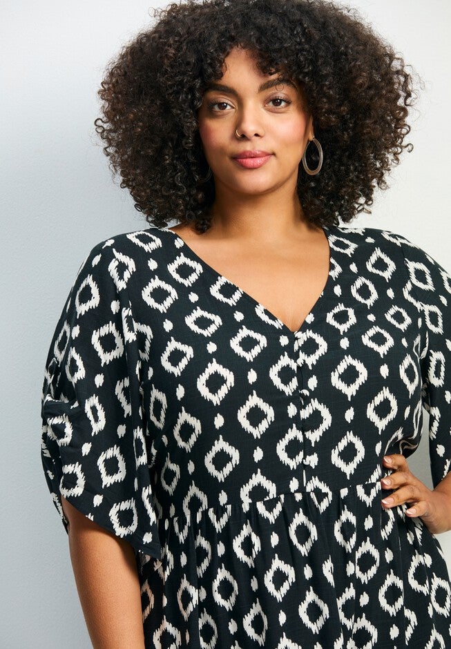 Ivy Tiered Button Front Dress, BLACK WHITE GEO, alternate image number null