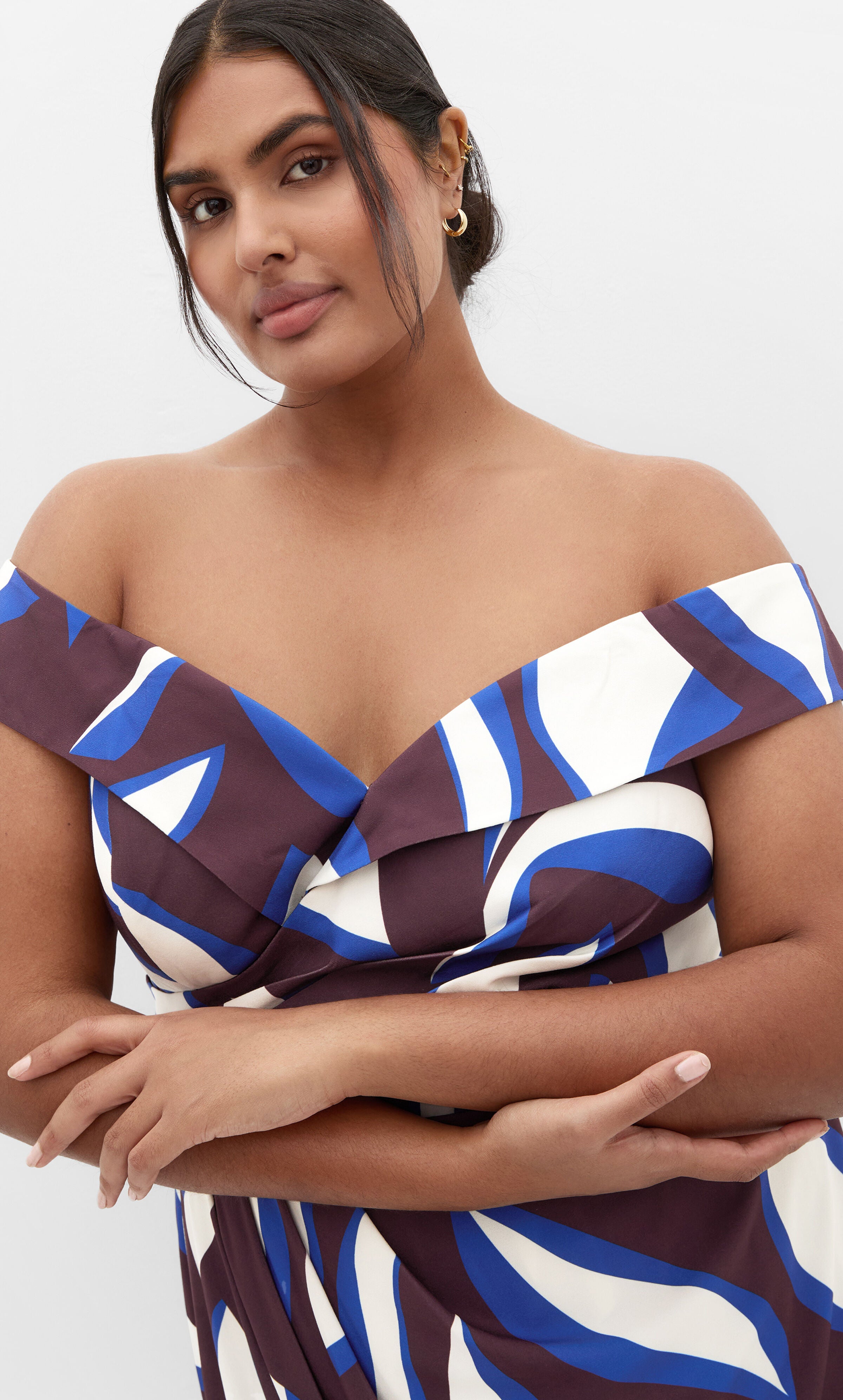 Claire Print Off Shoulder Dress - cocoa, ORANGE, alternate image number 1