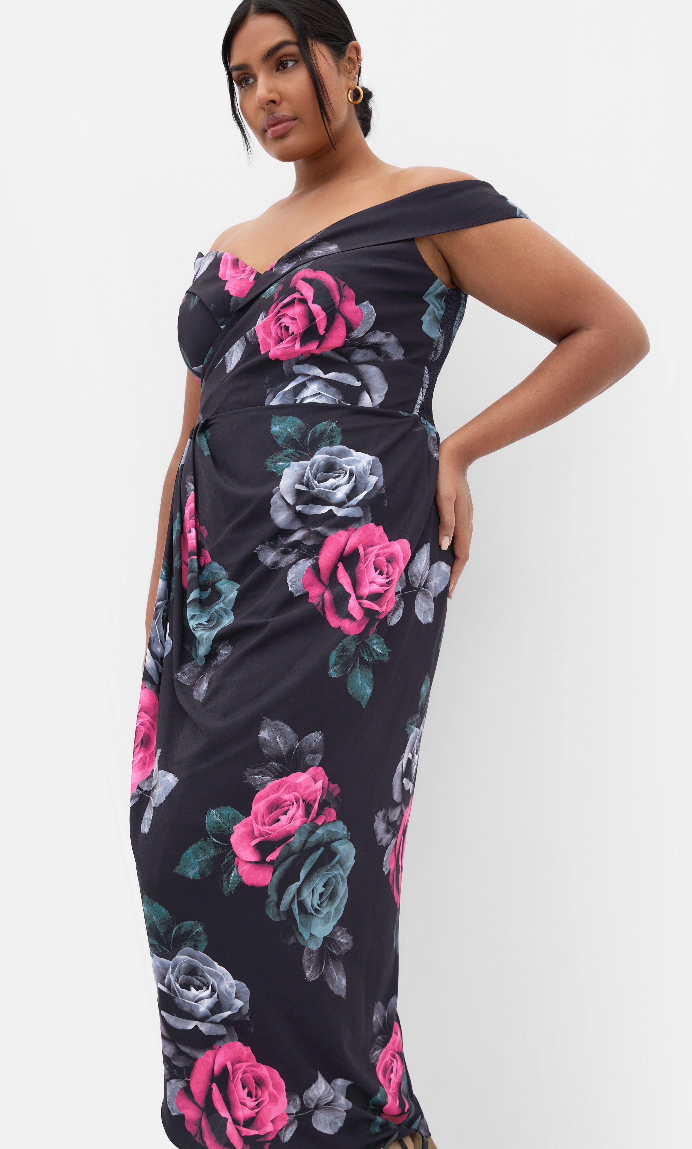 Claire Print Off Shoulder Dress - black, BLACK, alternate image number 2