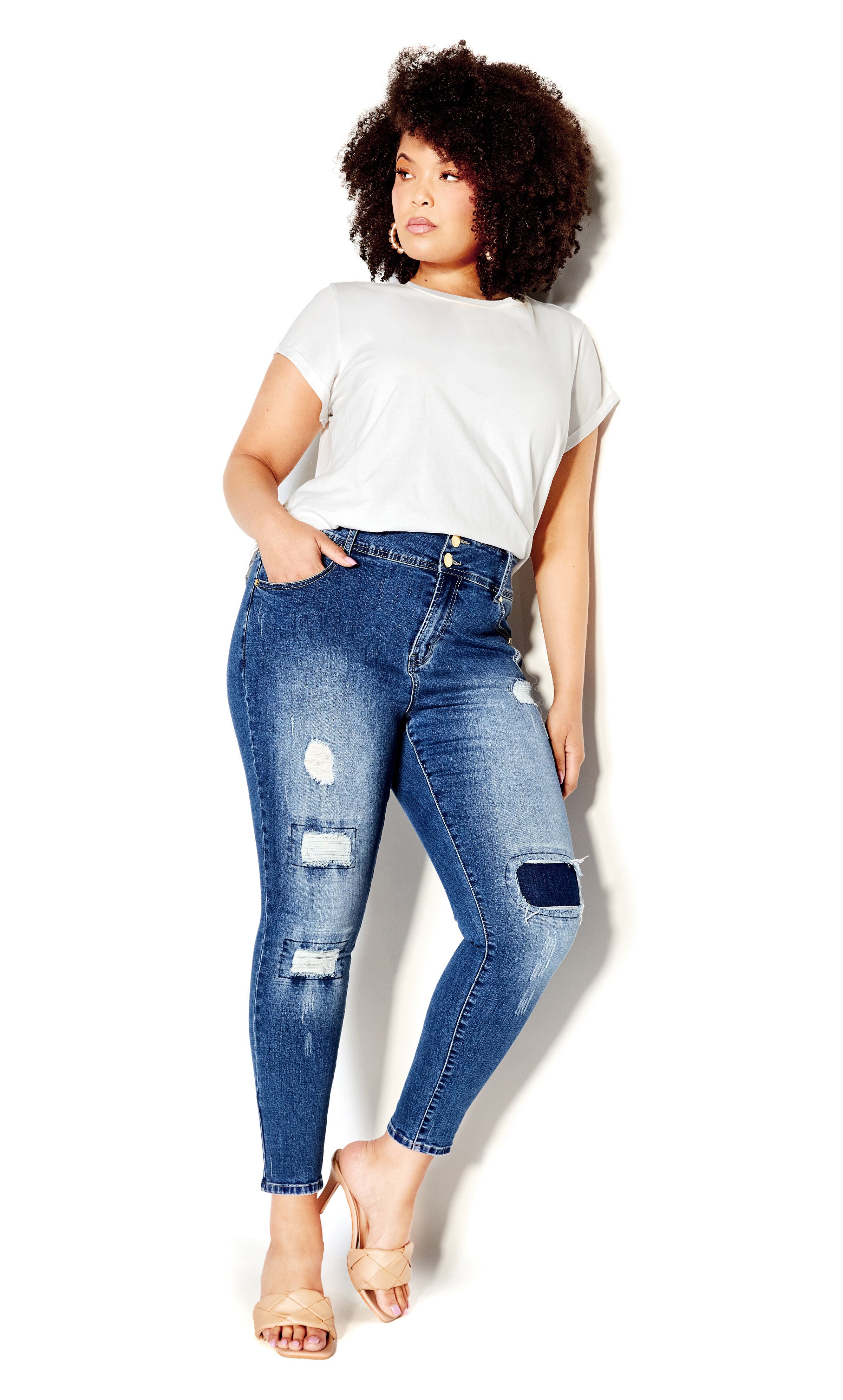 Patched Apple Skinny Jean - mid denim, BLUE, hi-res image number 0