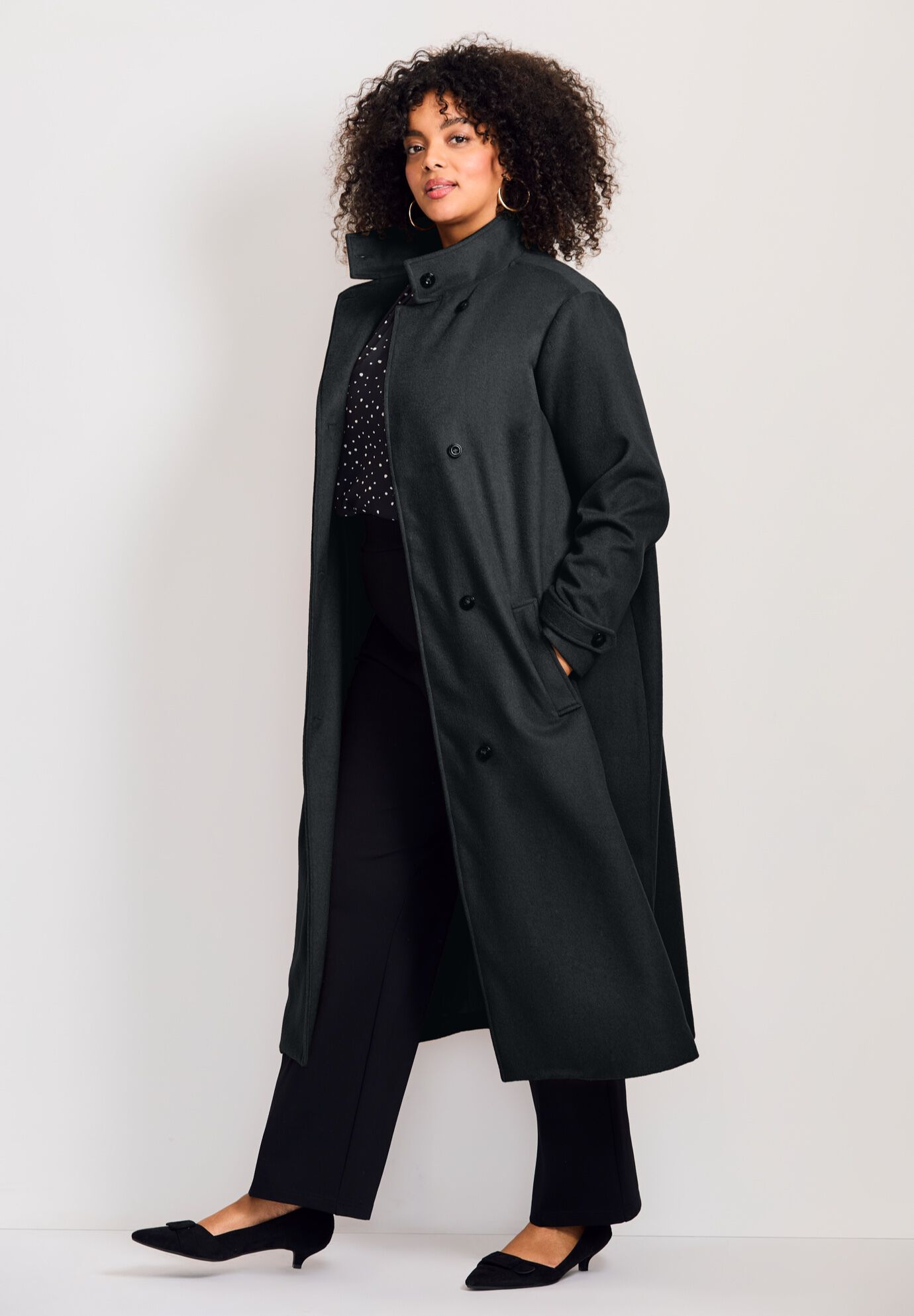 Funnel Neck Long Coat, BLACK, alternate image number 2