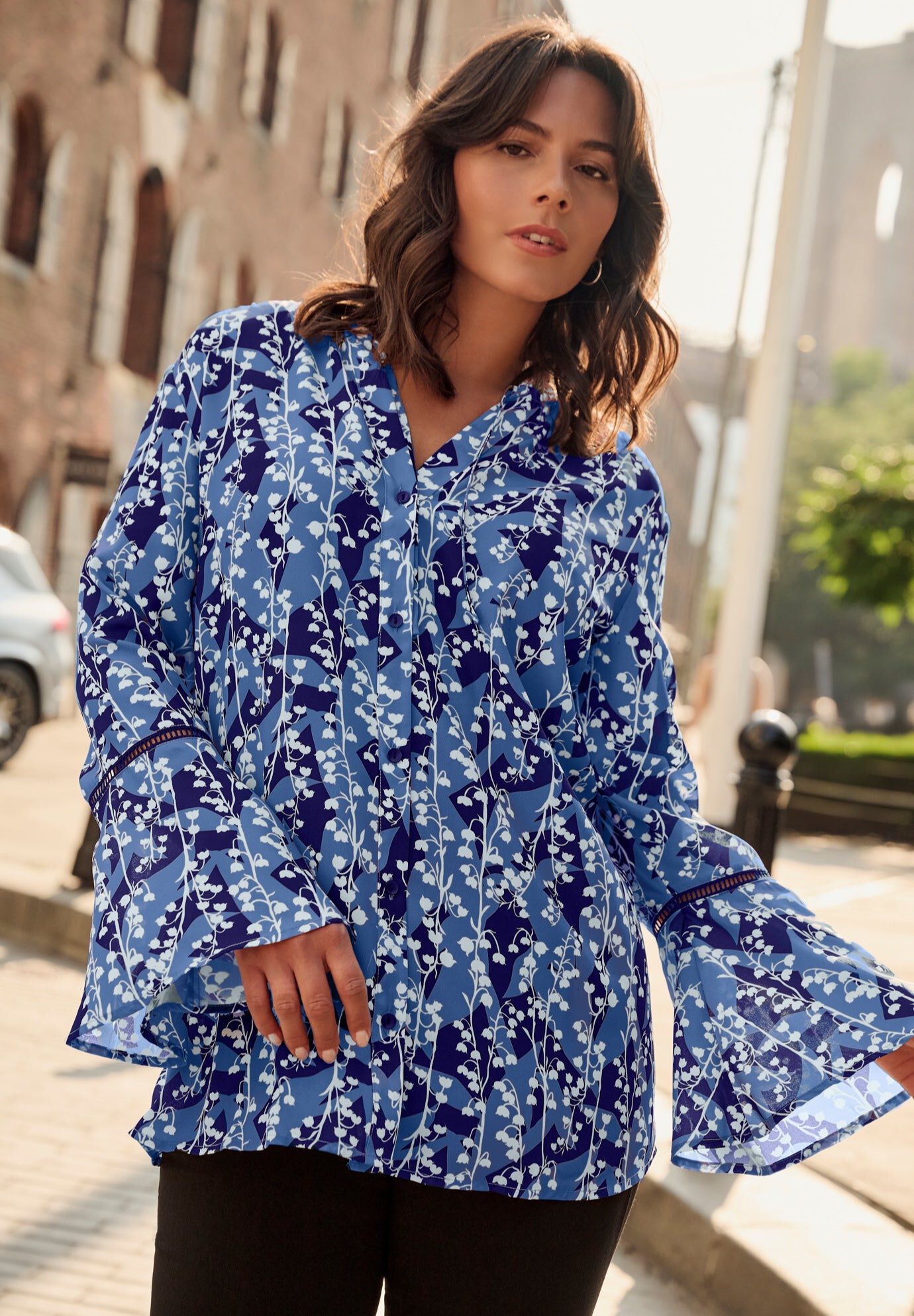 Button Front Poet Blouse, BLUE SHADOW LILY, hi-res image number 0