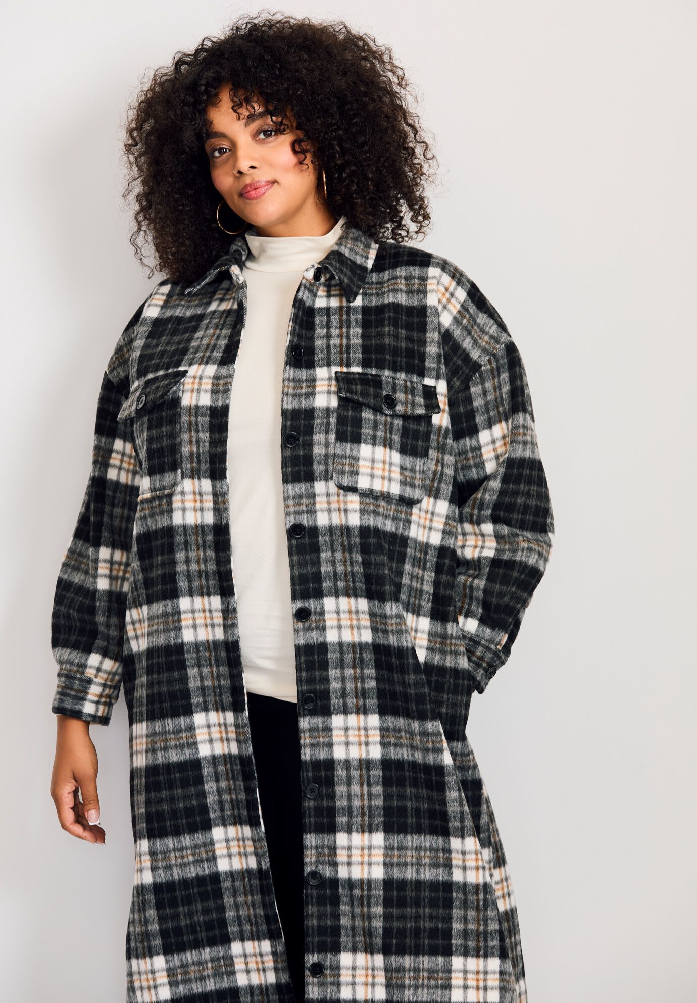 Brushed Long Shirt Jacket, BLACK BRUSHED PLAID, alternate image number 4