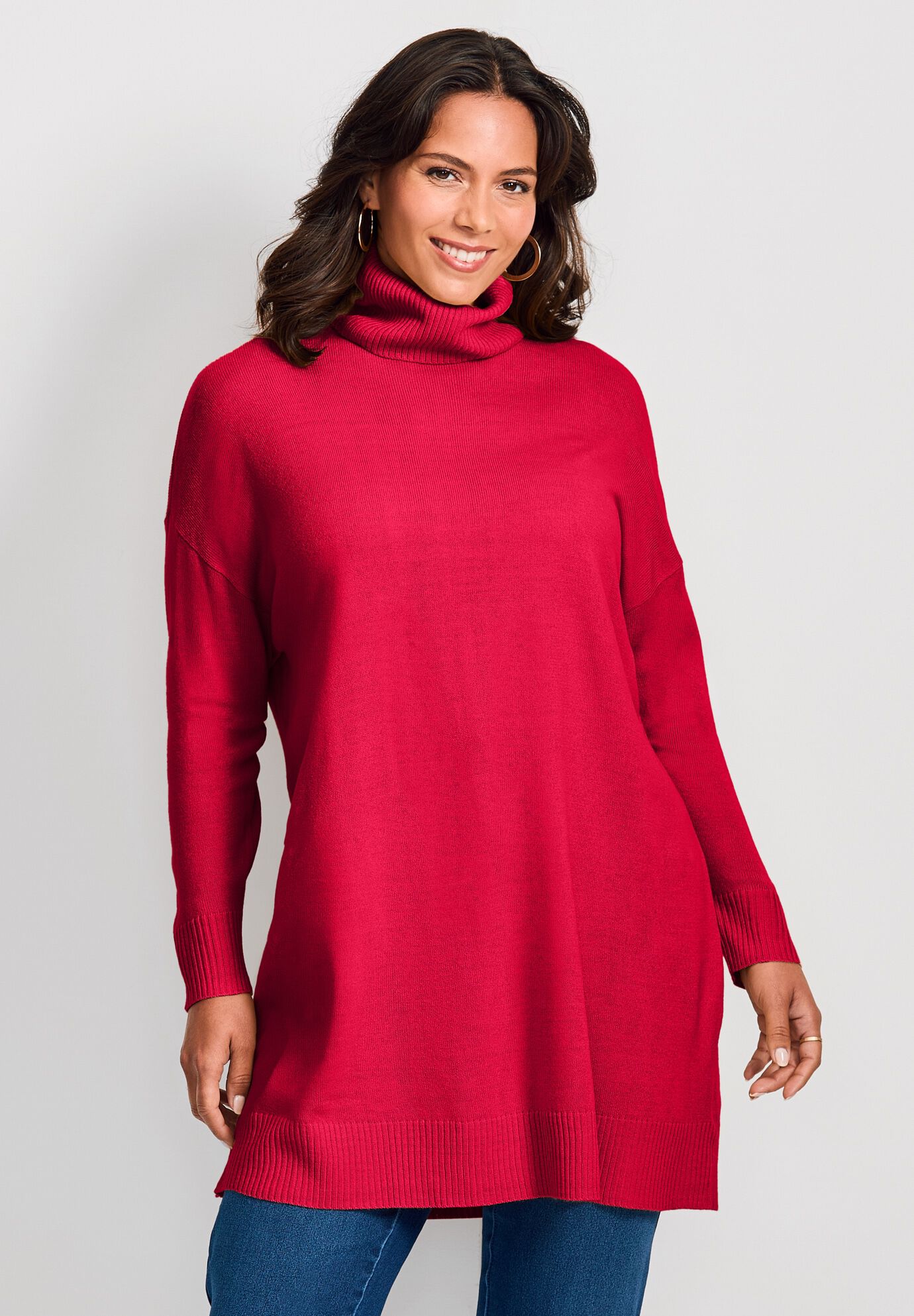 Turtleneck Tunic Sweater, VIBRANT RED, alternate image number 2