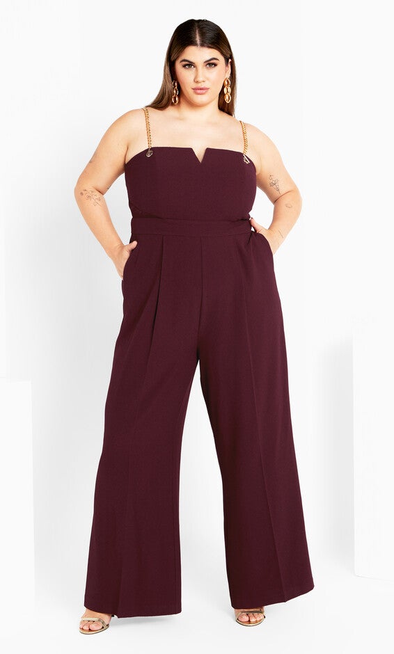 Ann Chain Sleeveless Wide Leg Jumpsuit - oxblood, RED, alternate image number null