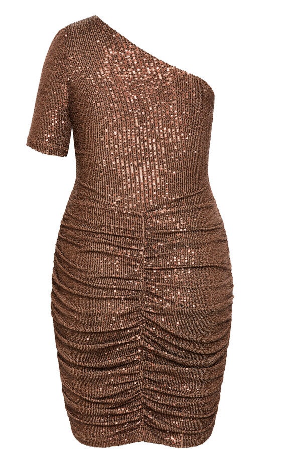 Angelina Asymmetrical Neck Ruched Dress - bronze, BRONZE, alternate image number 5