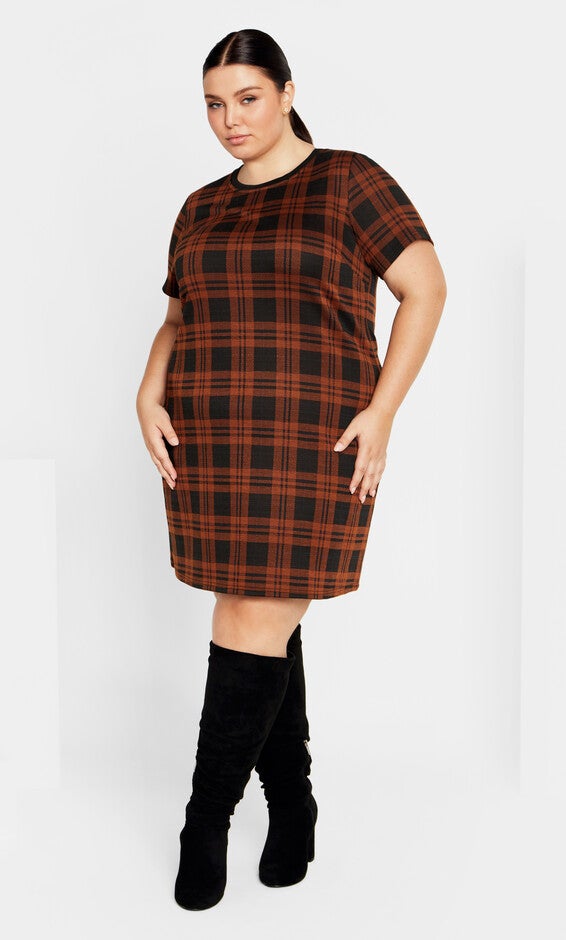 Check Love Shift Silhouette Mini Dress - caramel, CARAMEL, alternate image number 2