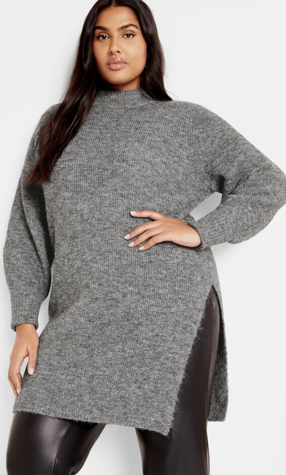 Longline Split Sweater - grey marle, GRAY, hi-res image number null