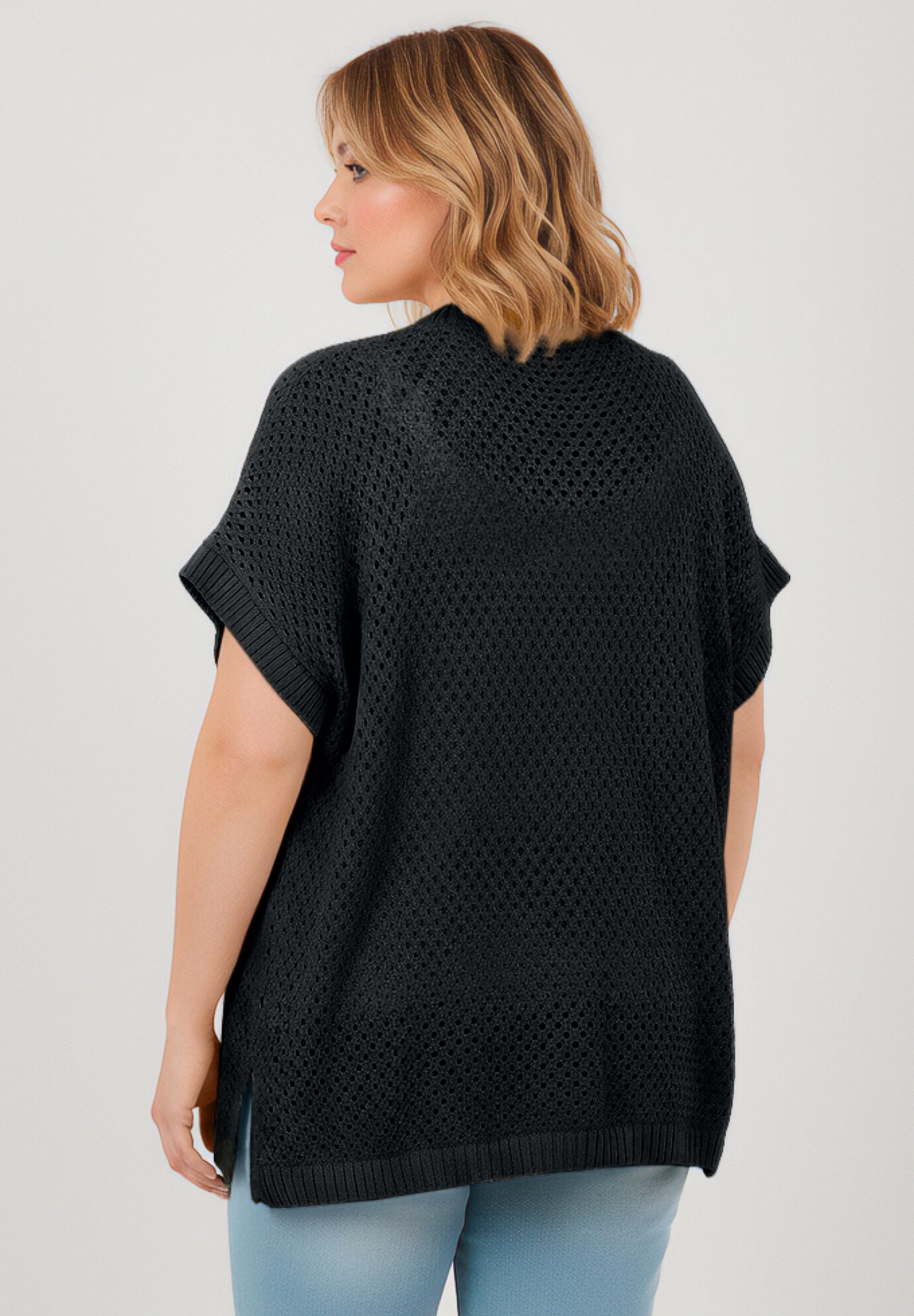 Short Sleeve Button Front Cardigan, BLACK, alternate image number 2