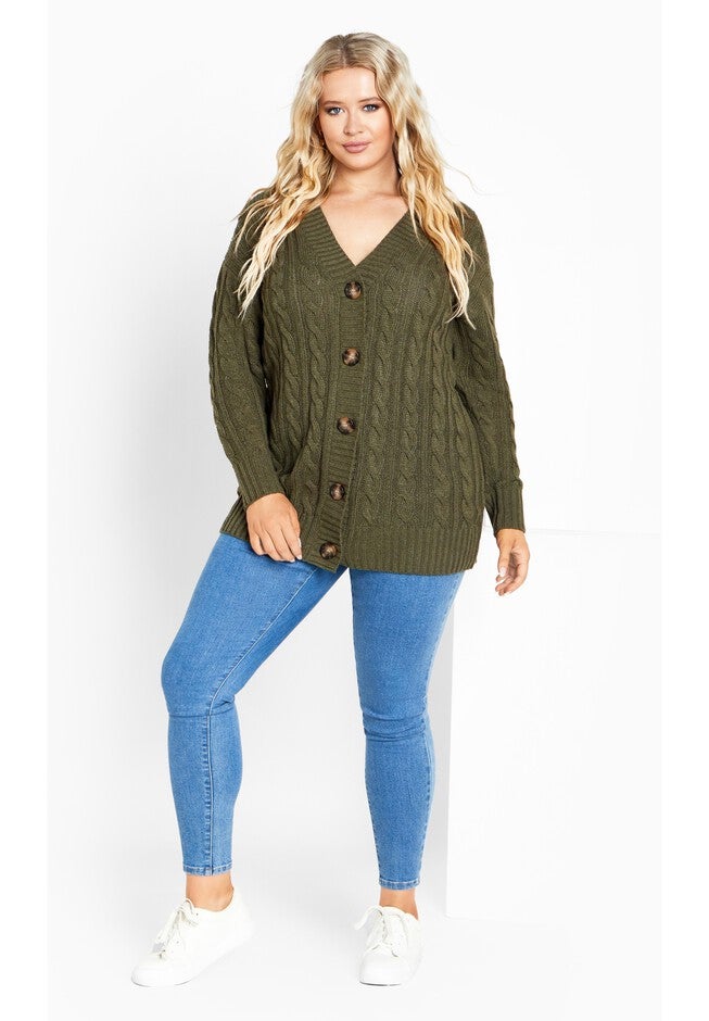 Cara Cable Knit V Neck Cardigan, OLIVE, alternate image number null