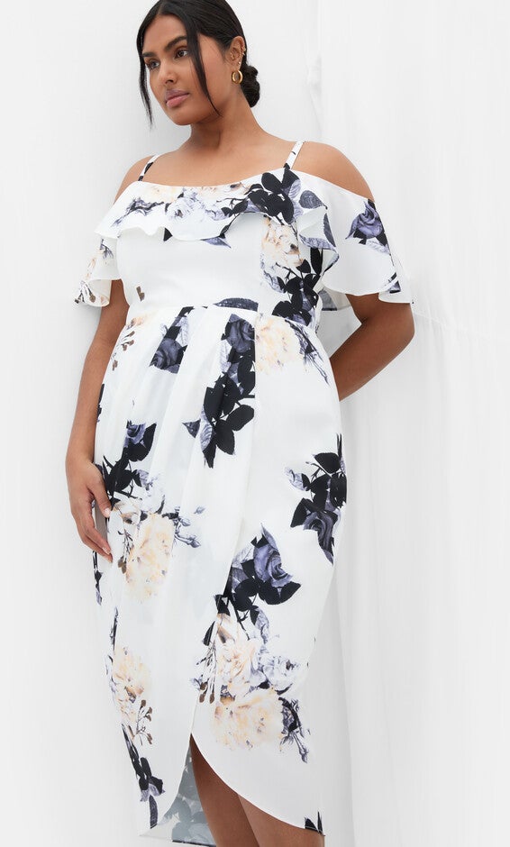 Floral Drape Midi Dress - cream, WHITE, hi-res image number null