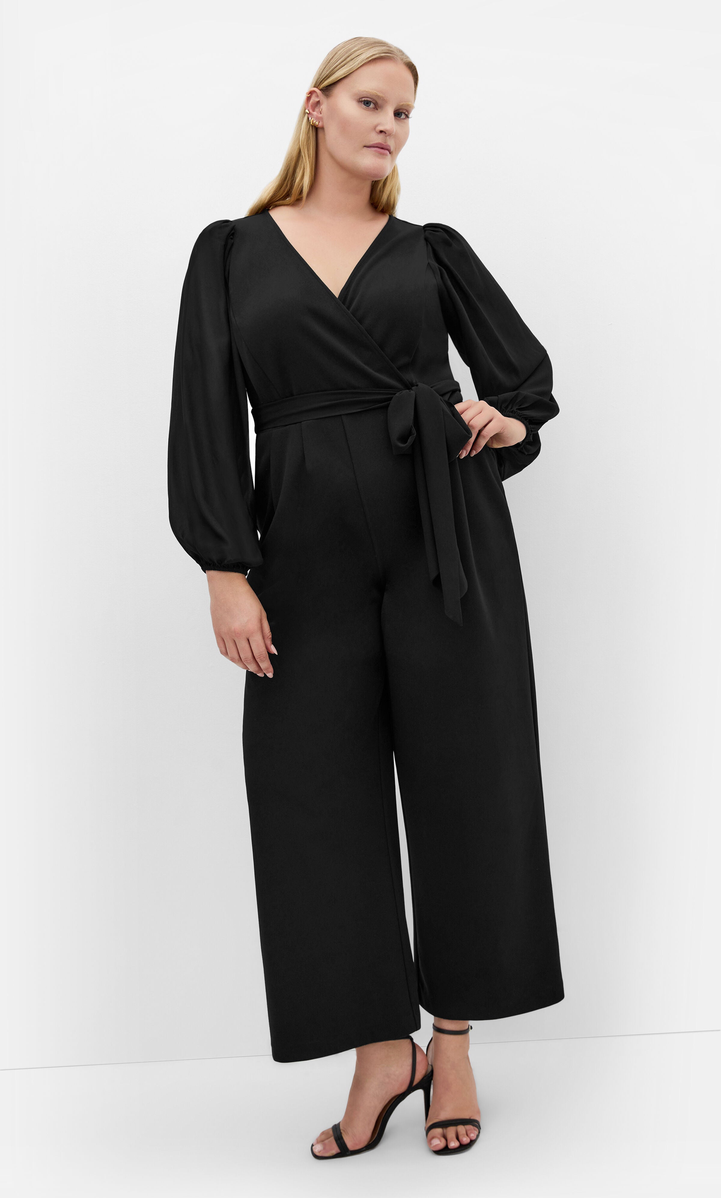 Sheer Sleeve Wide Leg Jumpsuit  - black, BLACK, hi-res image number 0
