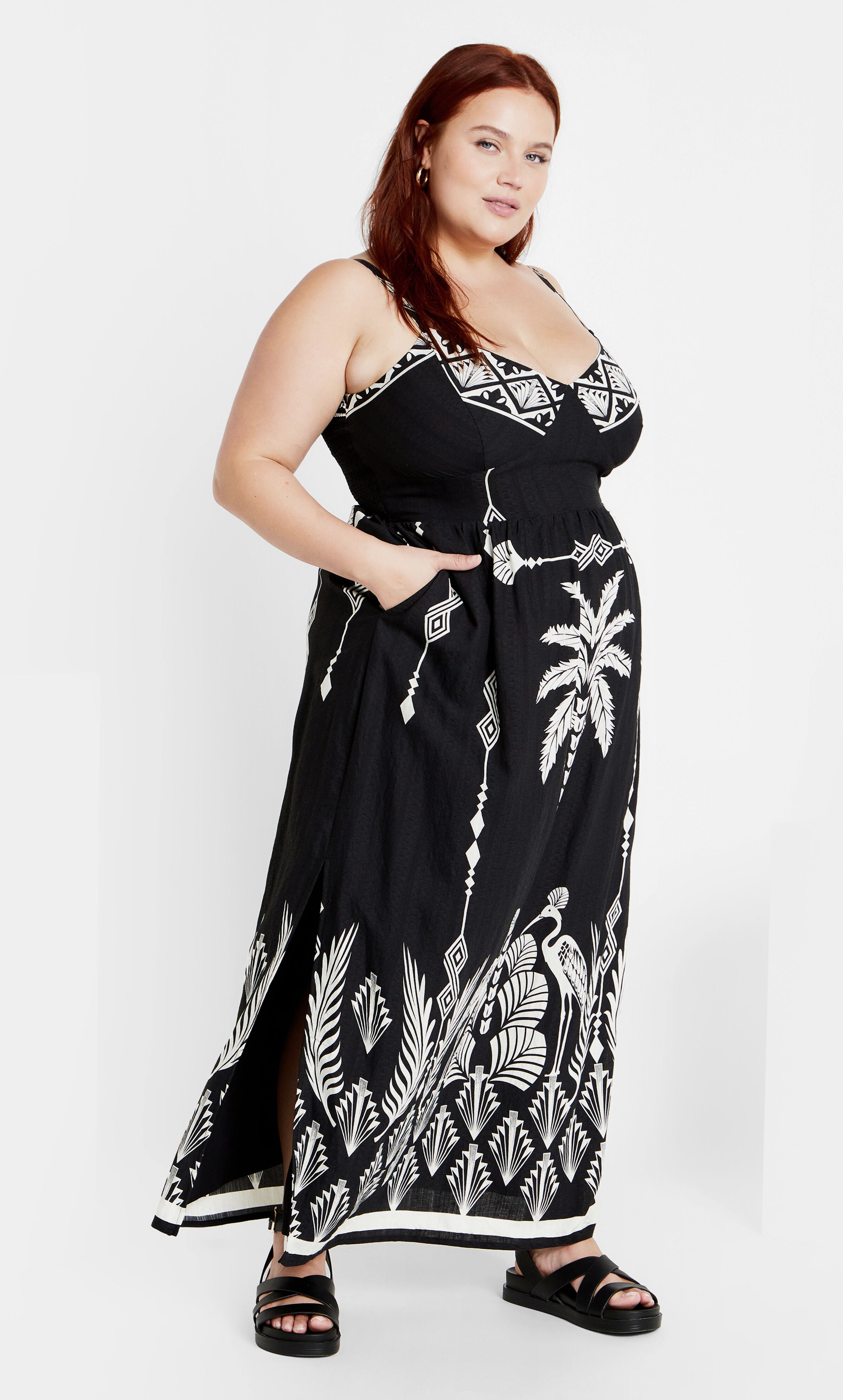 Jez Border Print Maxi Dress - black, BLACK, hi-res image number 0
