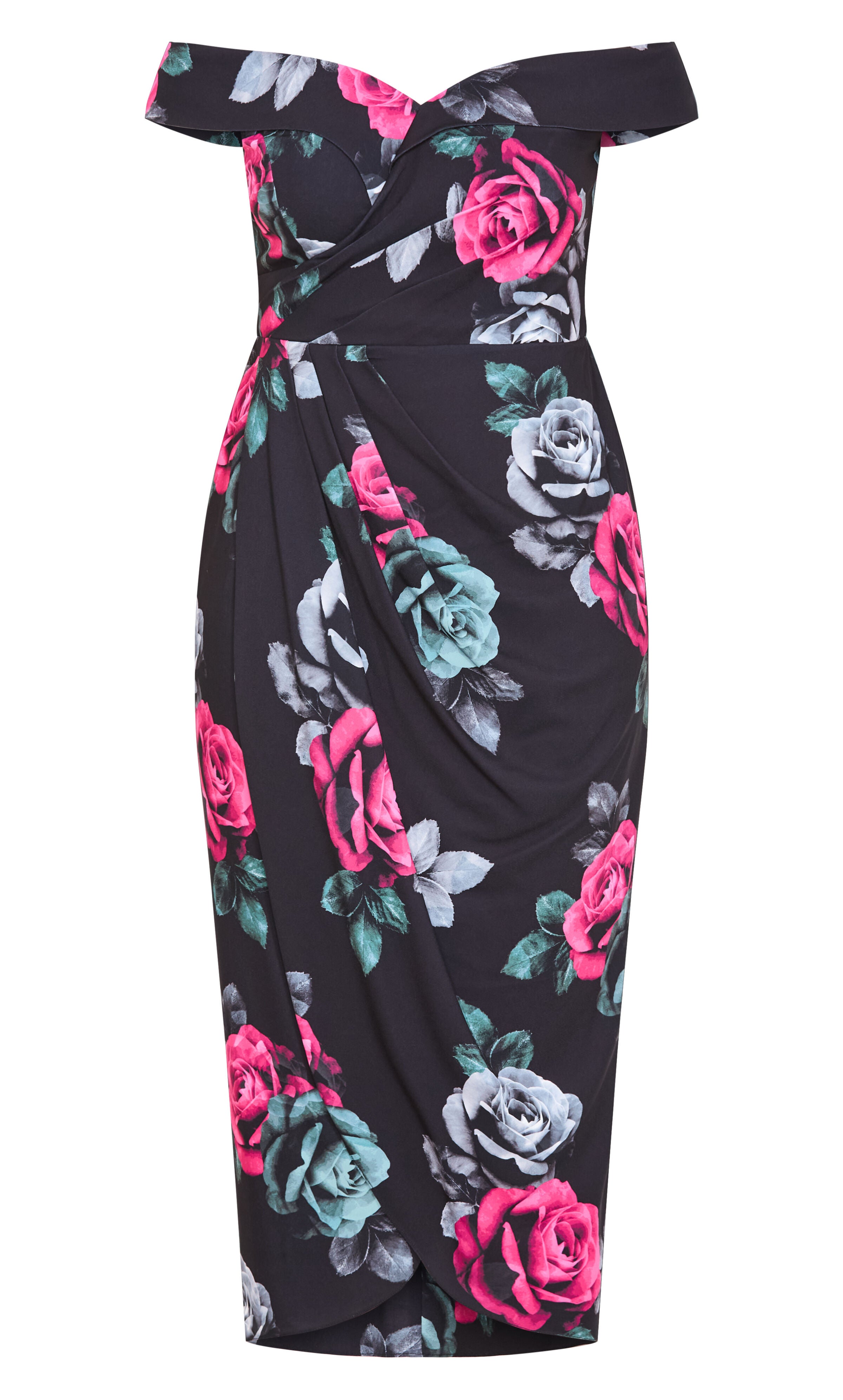 Claire Print Off Shoulder Dress - black, BLACK, alternate image number 3