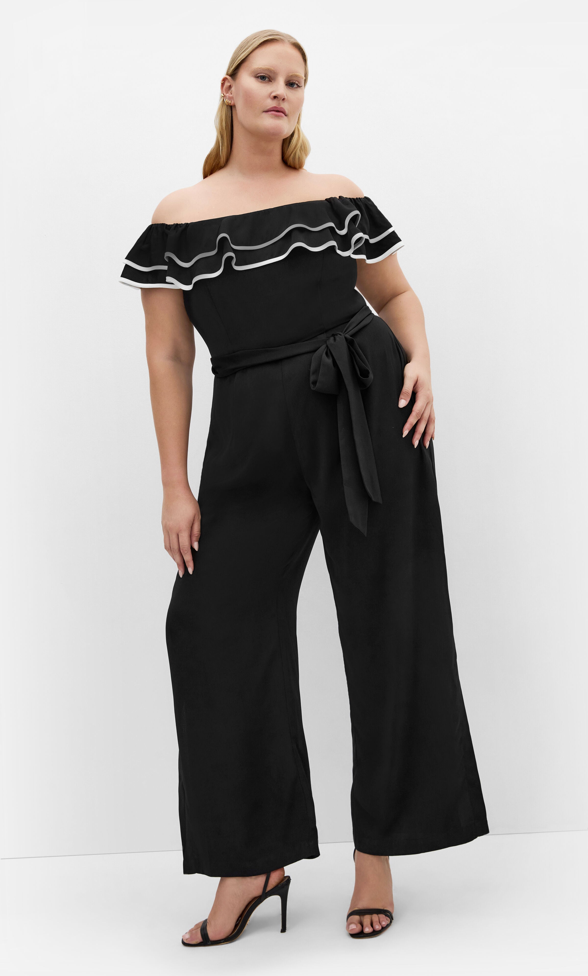Demure Off Shoulder Frill Jumpsuit - black, BLACK, hi-res image number 0