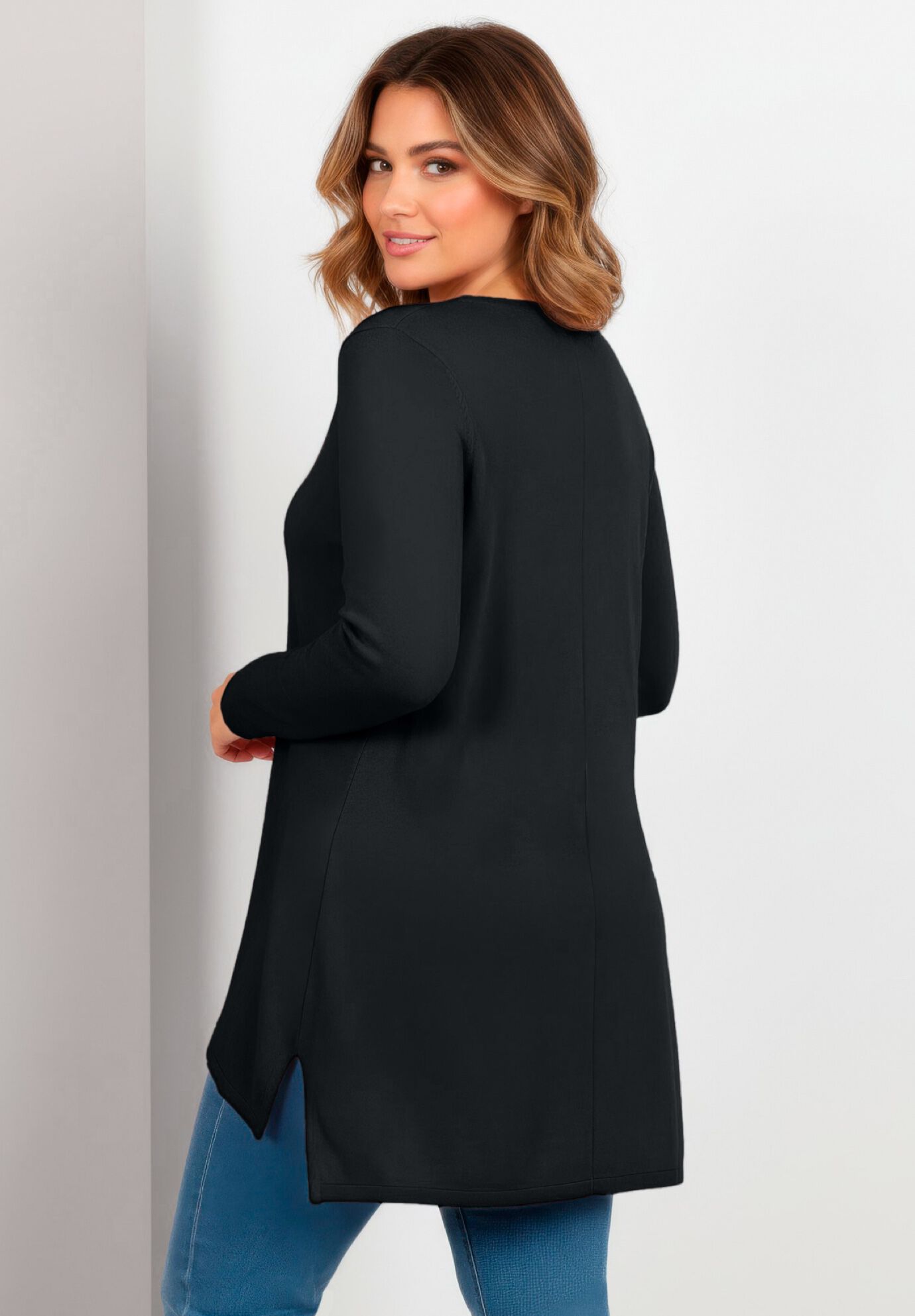 V-Neck Tunic Sweater, BLACK, alternate image number 2