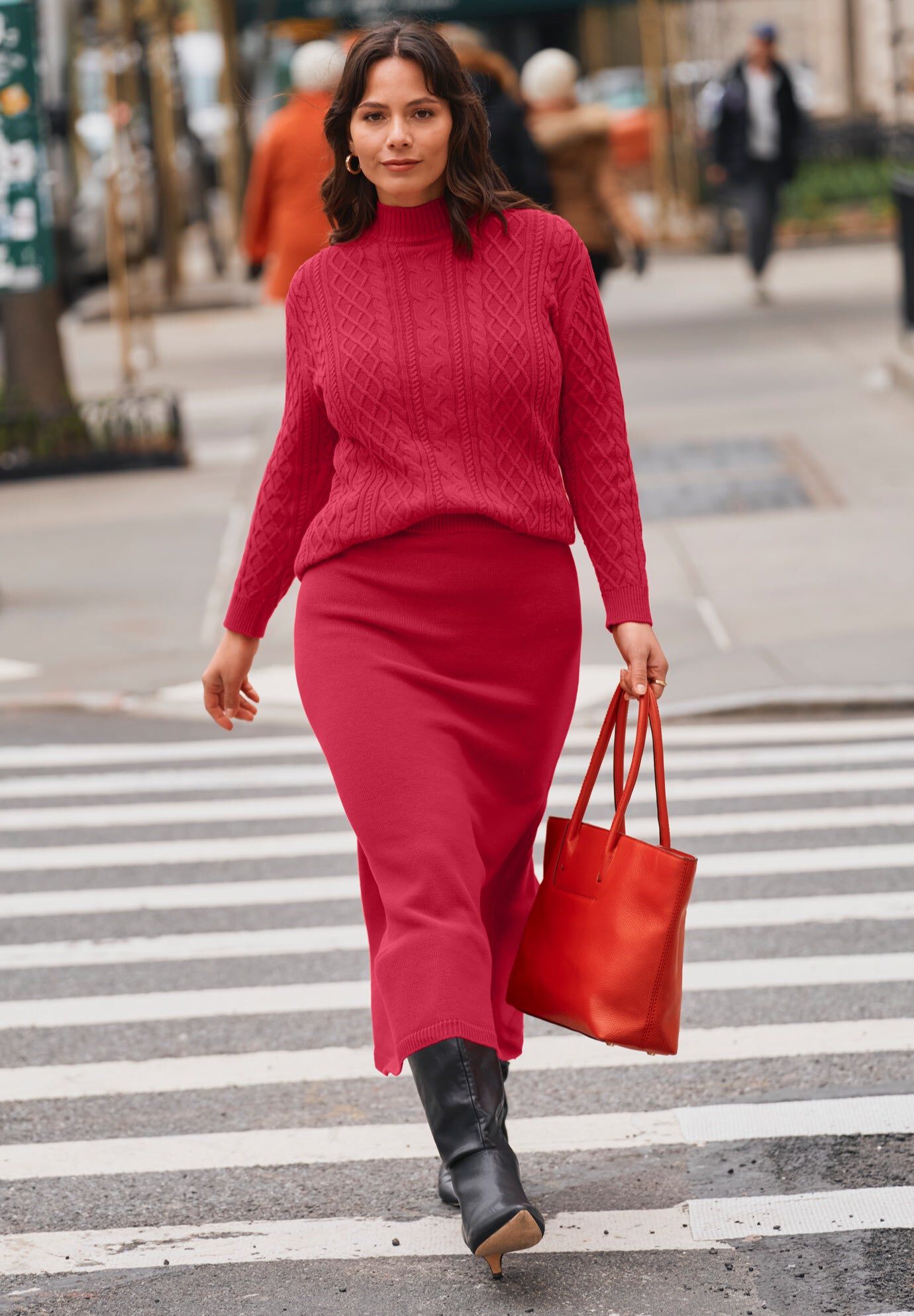 Mock Neck Cable Sweater, VIBRANT RED, hi-res image number 0