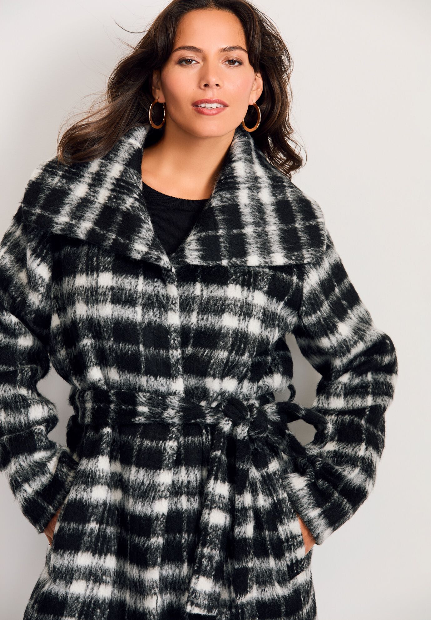 Wing Collar Belted Coat, BLACK IVORY PLAID, alternate image number 4