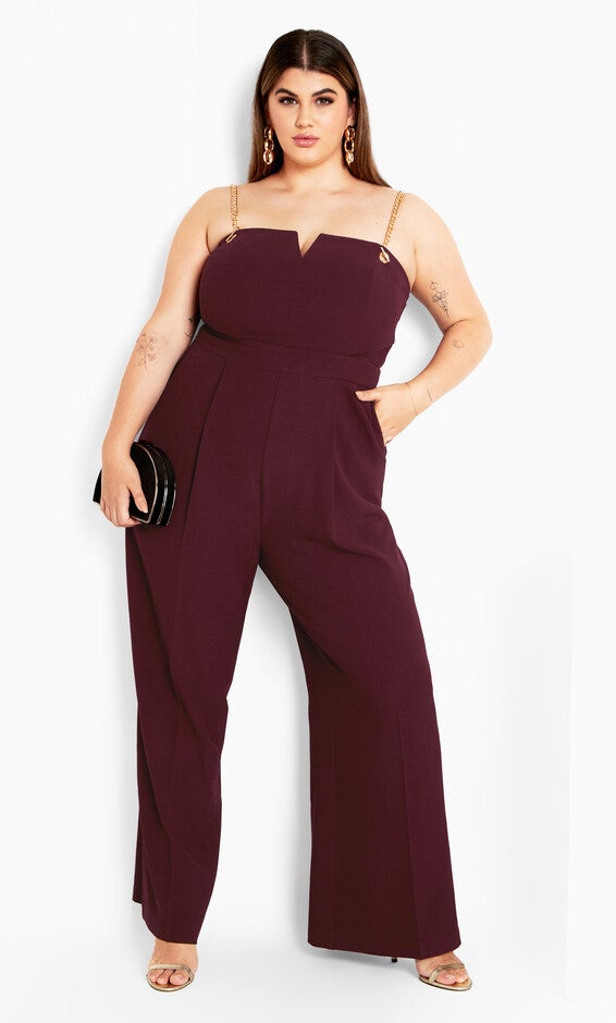 Ann Chain Sleeveless Wide Leg Jumpsuit - oxblood, RED, hi-res image number null