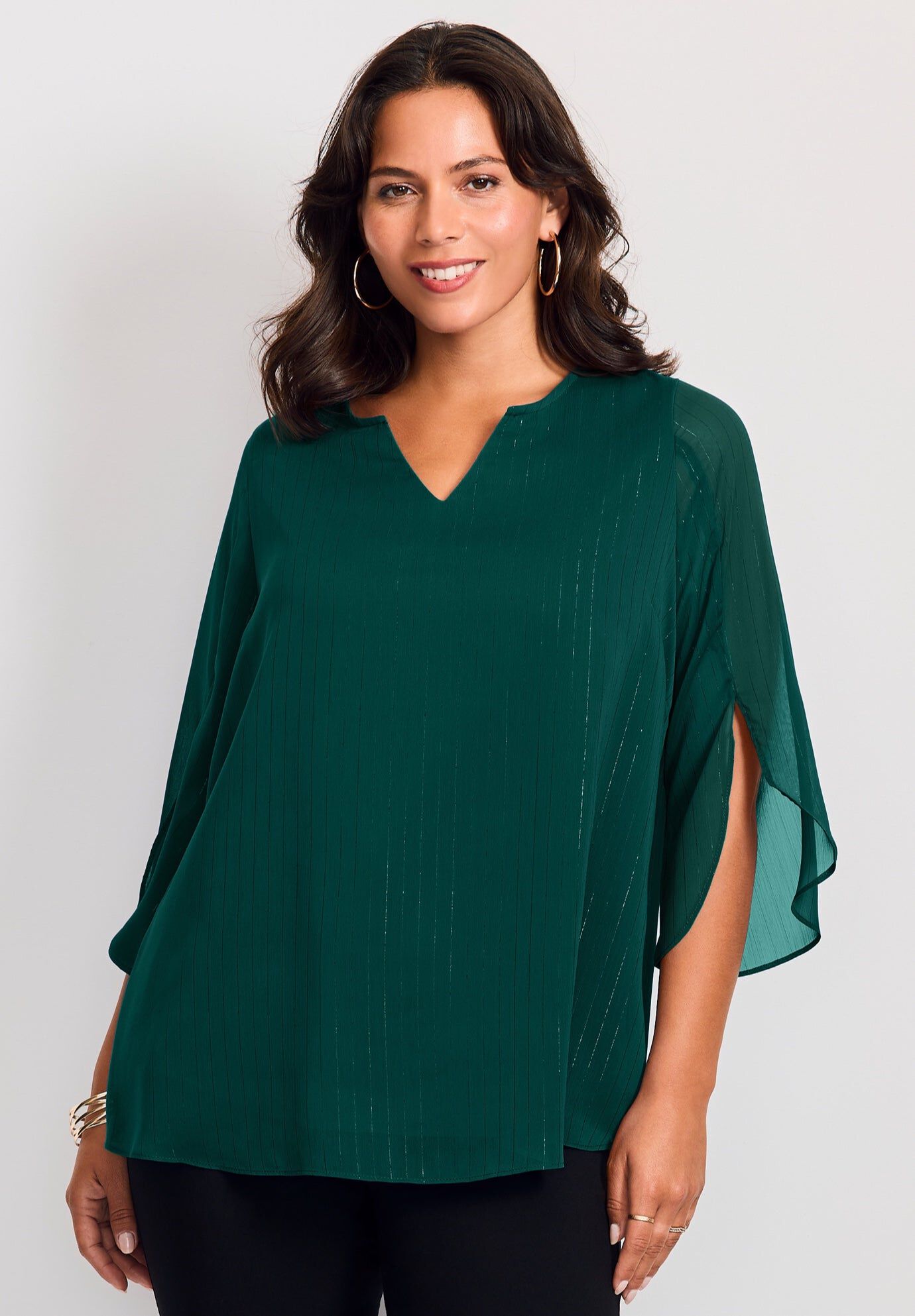 Lurex Stripe Tulip Sleeve Blouse, EMERALD GREEN, hi-res image number 0