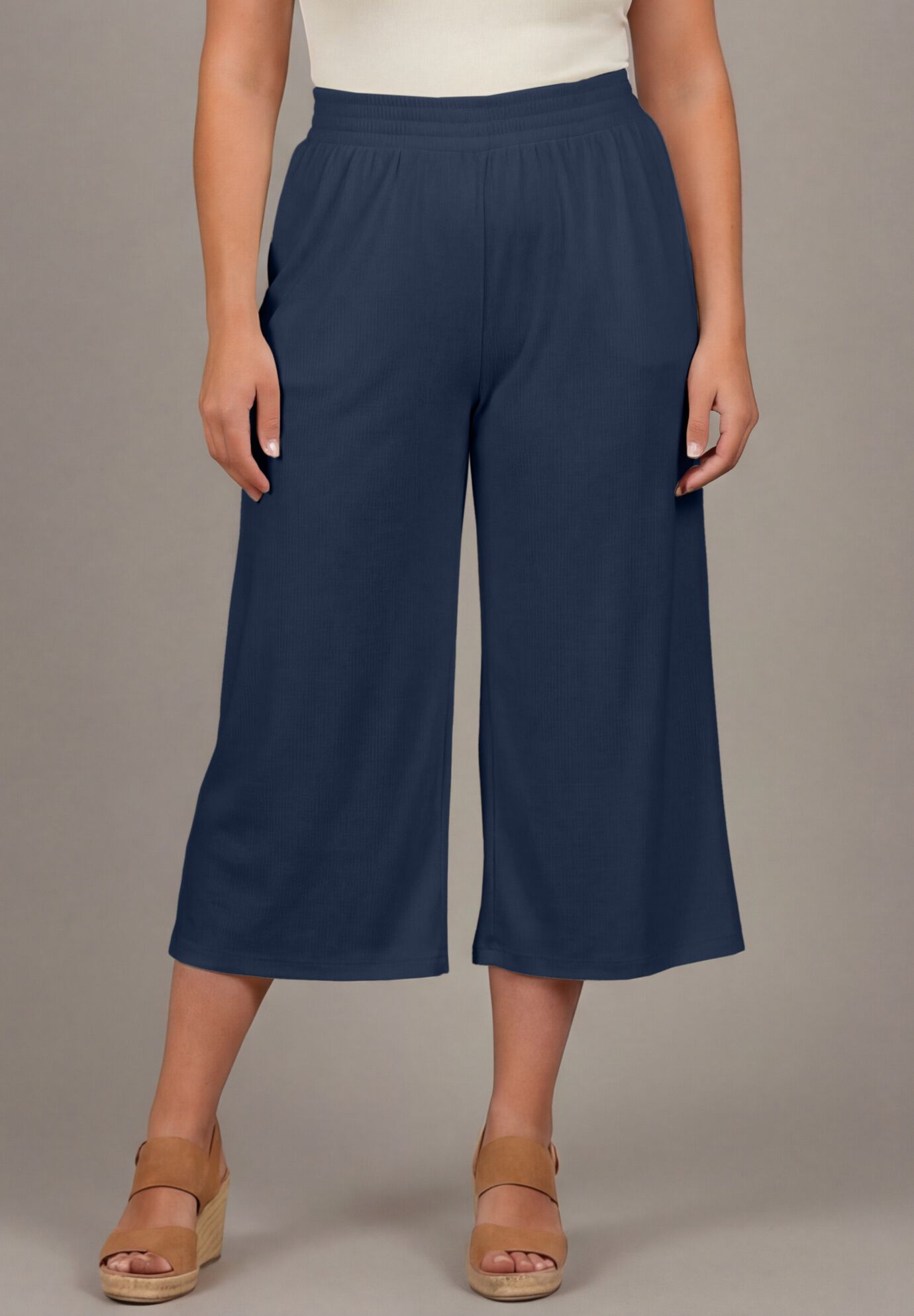 Knit Gauze Smocked Wide-Leg Crop, NAVY, on-hover image number 1