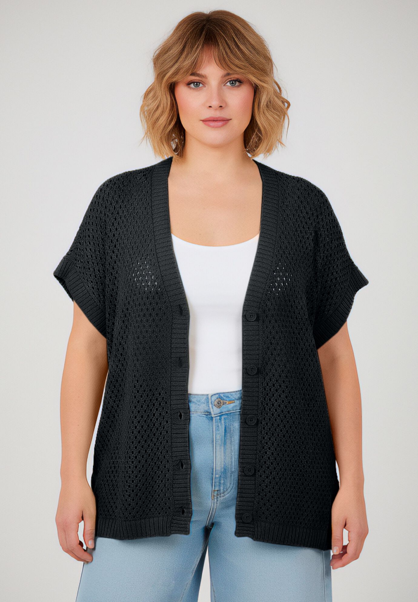Short Sleeve Button Front Cardigan, BLACK, alternate image number 4