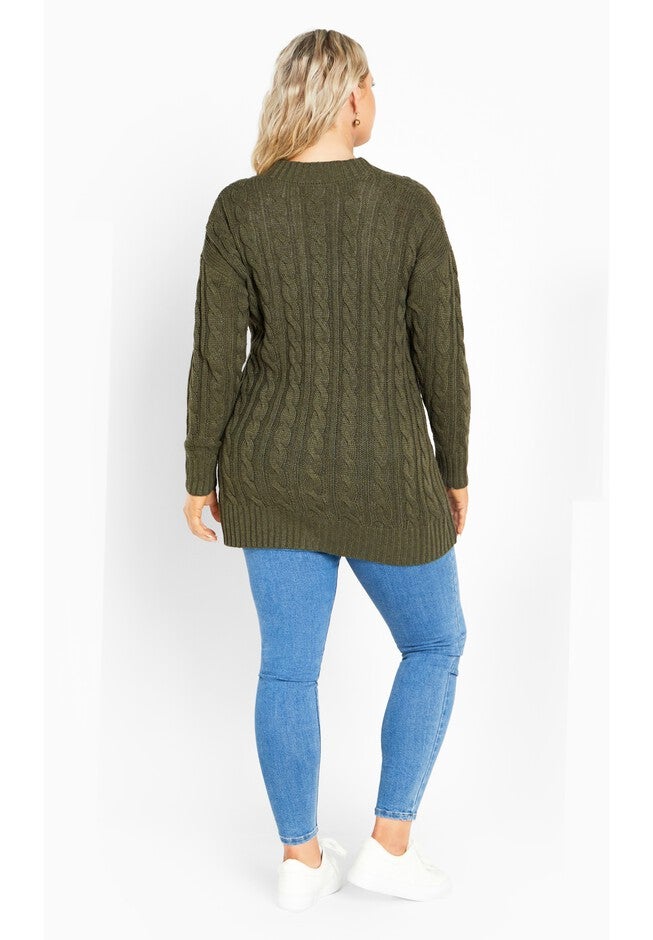 Cara Cable Knit V Neck Cardigan, OLIVE, alternate image number null