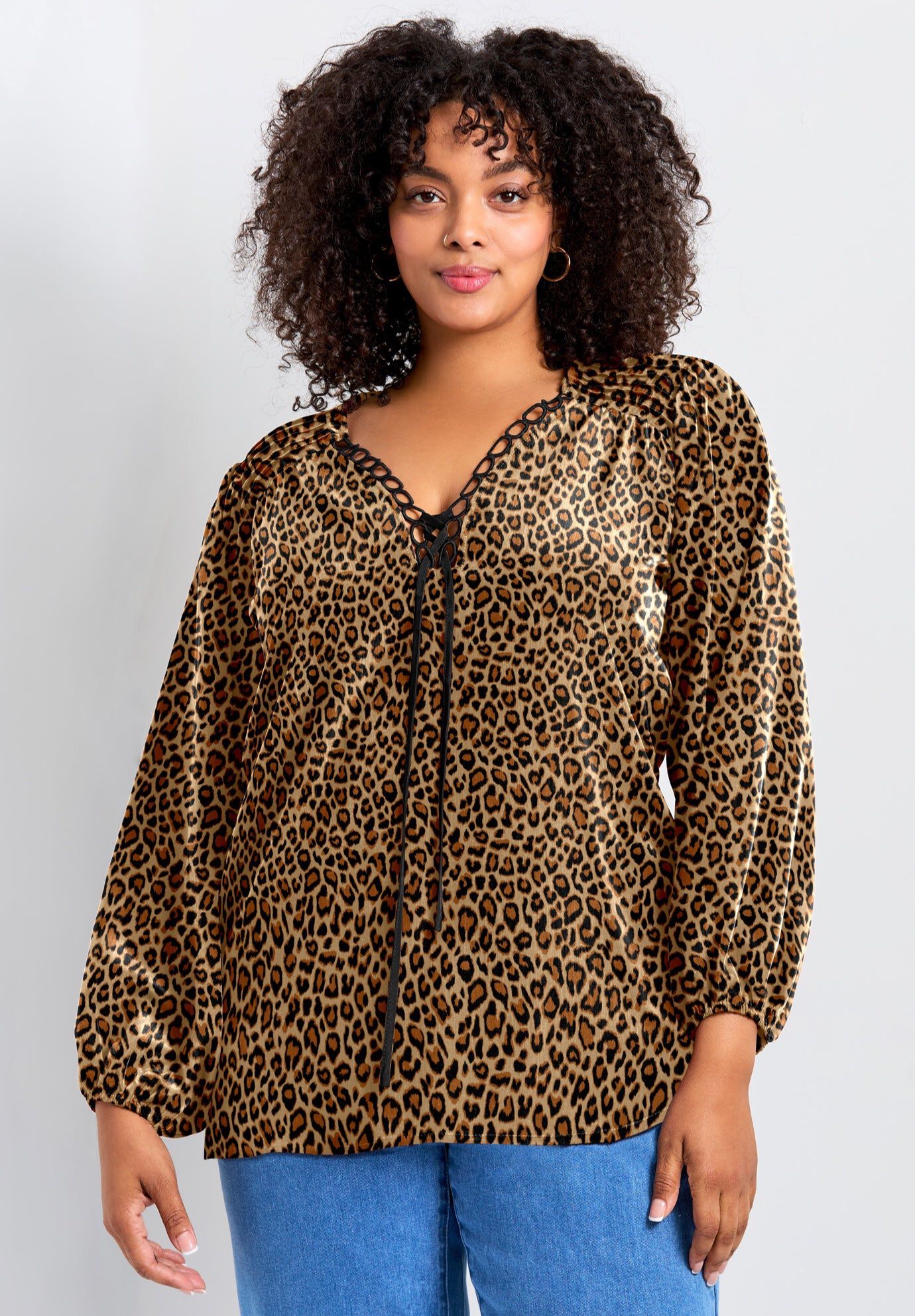 Scallop Trim Peasant Blouse, NEUTRAL ANIMAL PRINT, hi-res image number 0