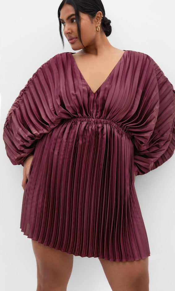 Chloe Pleat Dress - burgundy, RED, alternate image number 1